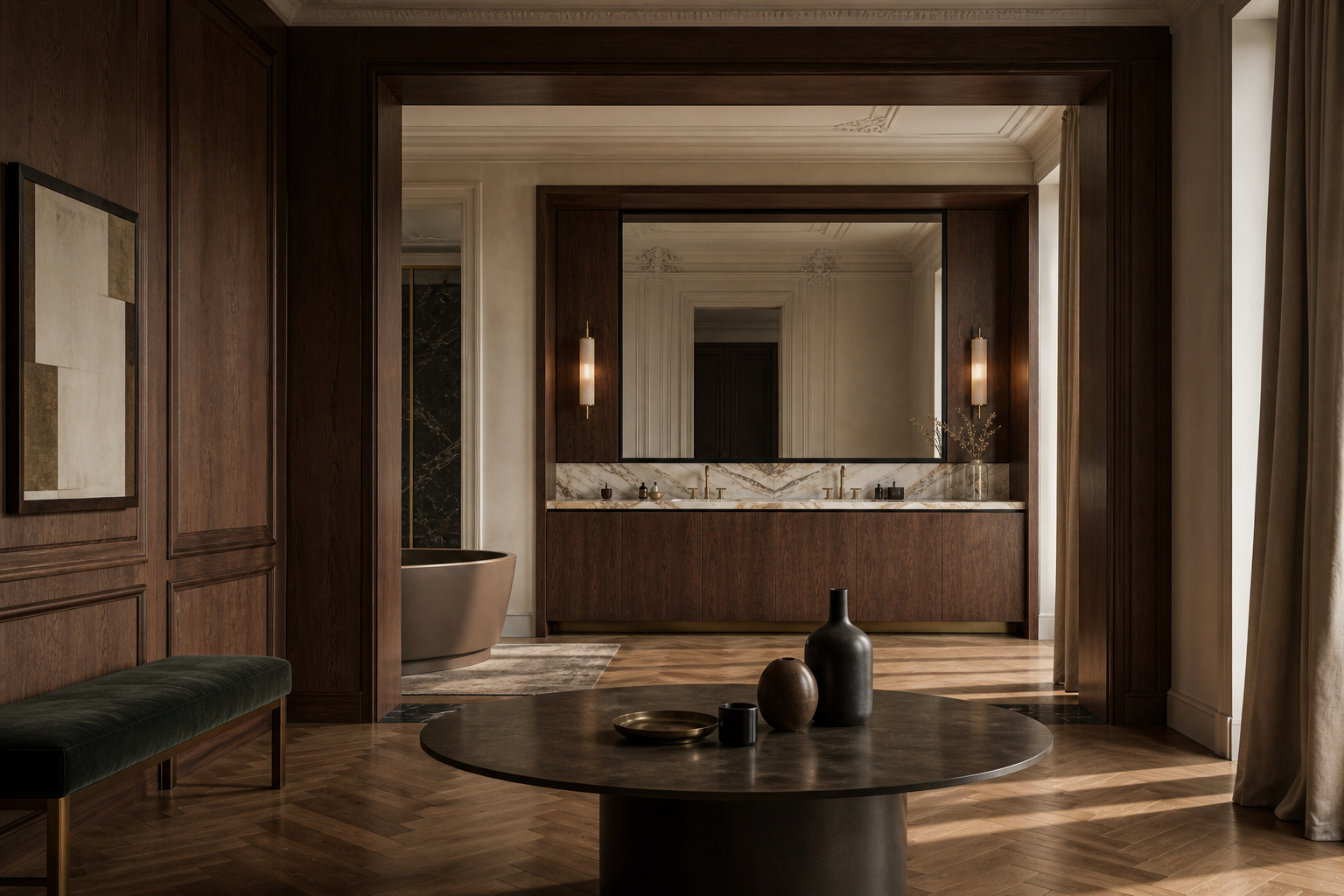 Fadior Verve Bath and Vanity Suite with Candlelit Tolerance Wash Wall — interior room context showing cabinet integration