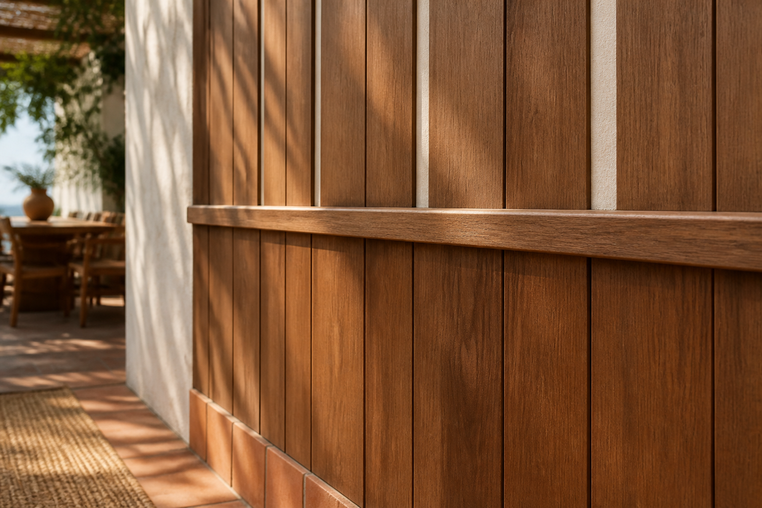 Fadior Miroir Wall Panel Suite with Ipe Courtyard Wainscot — close-up of stainless steel finish and hardware detail