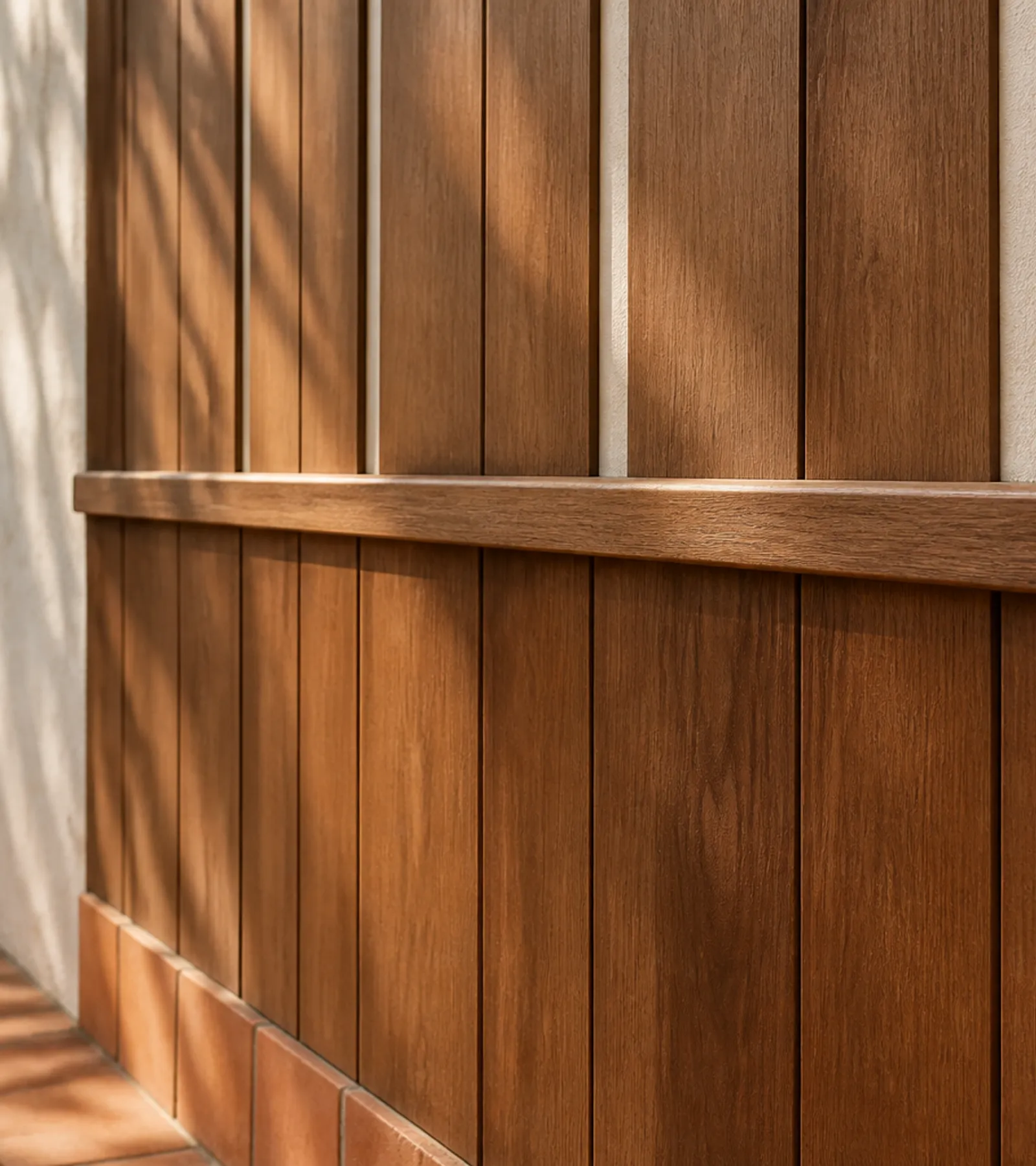 Suite de Paneles de Pared Miroir con Zócalo de Patio Ipe acabado y detalle