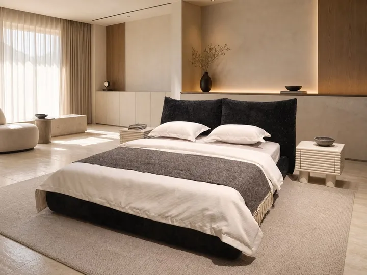 Cama Tapizada de Tela con Paneles en Forma de Pétalo