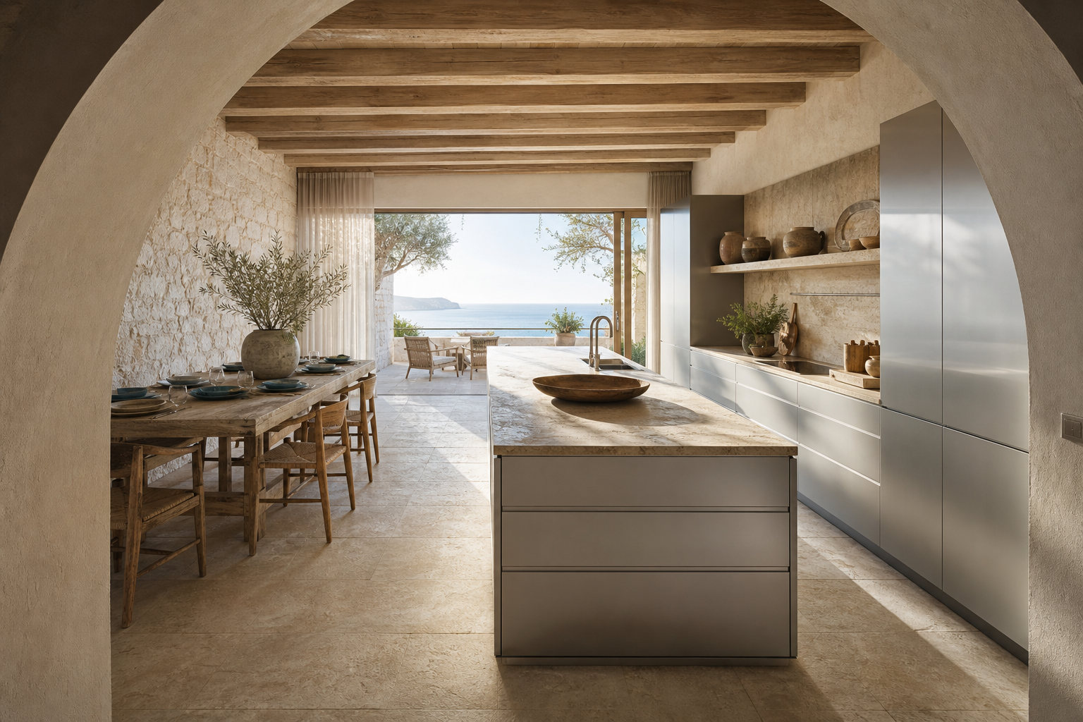 Fadior International 120 sqm Kitchen Apartment — Apartment kitchen with limestone arch, island, cabinet wall, dining table, teak chairs, terrace door, and sunlit tile — 304 stainless steel cabinetry installation by Fadior