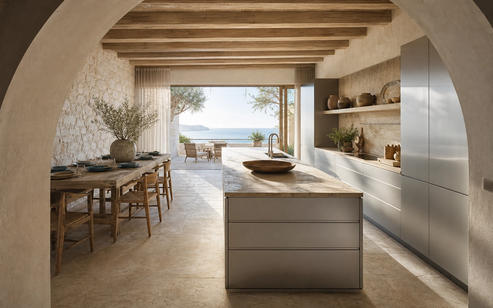 Fadior Miami 120 sqm Kitchen Apartment — Apartment kitchen with limestone arch, island, cabinet wall, dining table, teak chairs, terrace door, and sunlit tile — 304 stainless steel cabinetry installation by Fadior