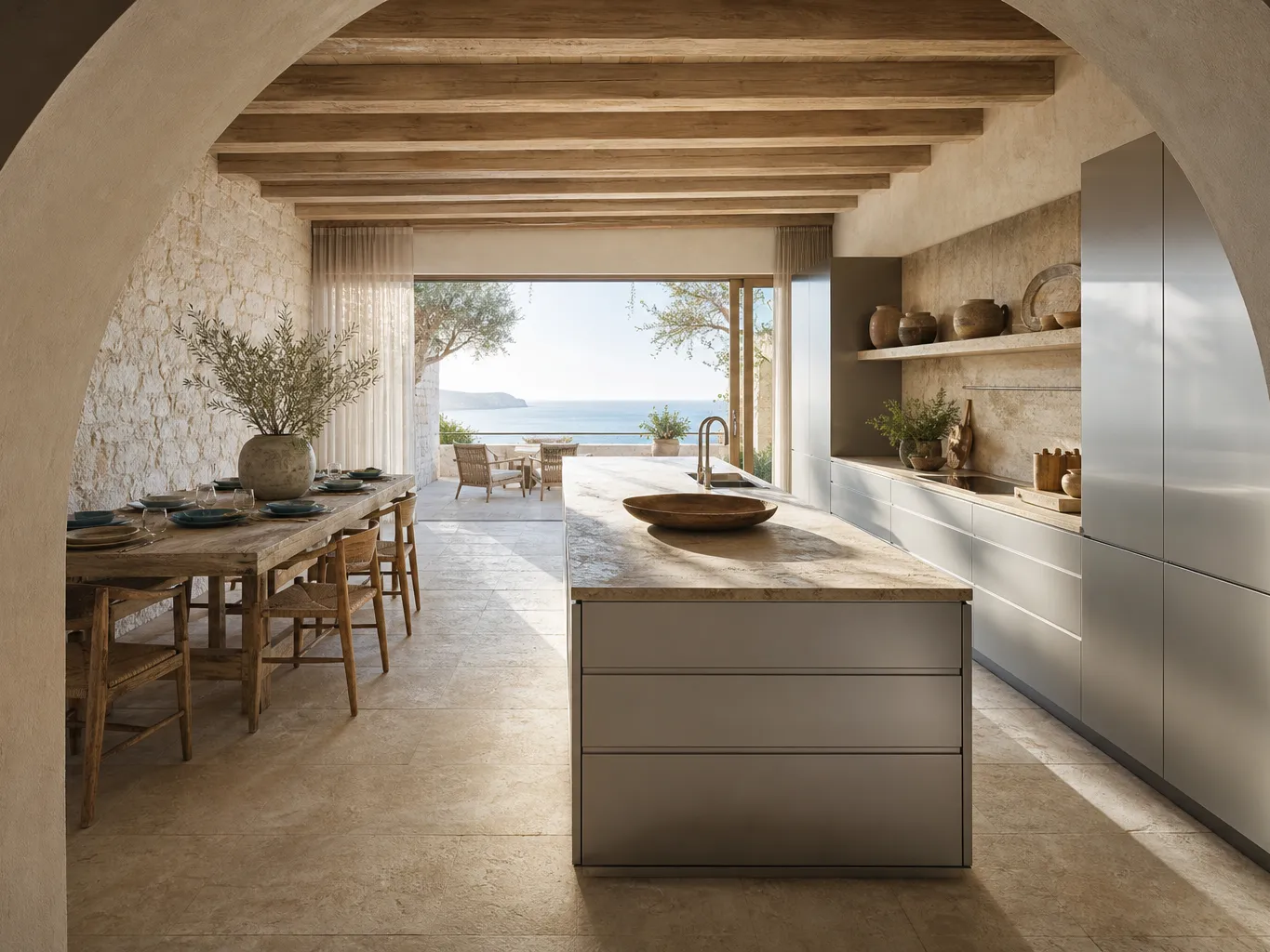 Fadior Dubai 170 sqm Site-Adaptive Apartment — Apartment kitchen with limestone arch, island, cabinet wall, dining table,