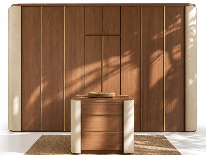 Fadior Voyage Wardrobe Suite with Ipe Valet Island Alcove — 304 stainless steel wardrobe system, front view