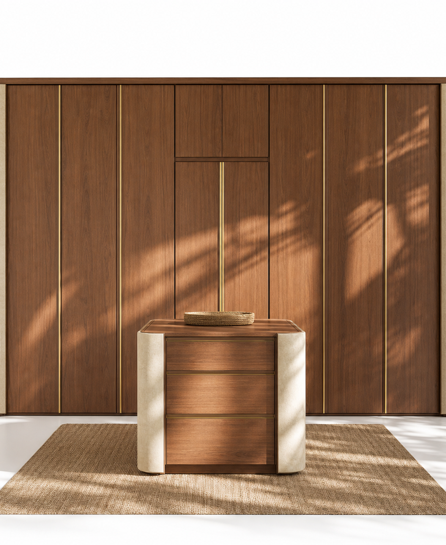 Fadior Voyage Wardrobe Suite with Ipe Valet Island Alcove — 304 stainless steel wardrobe system, front view