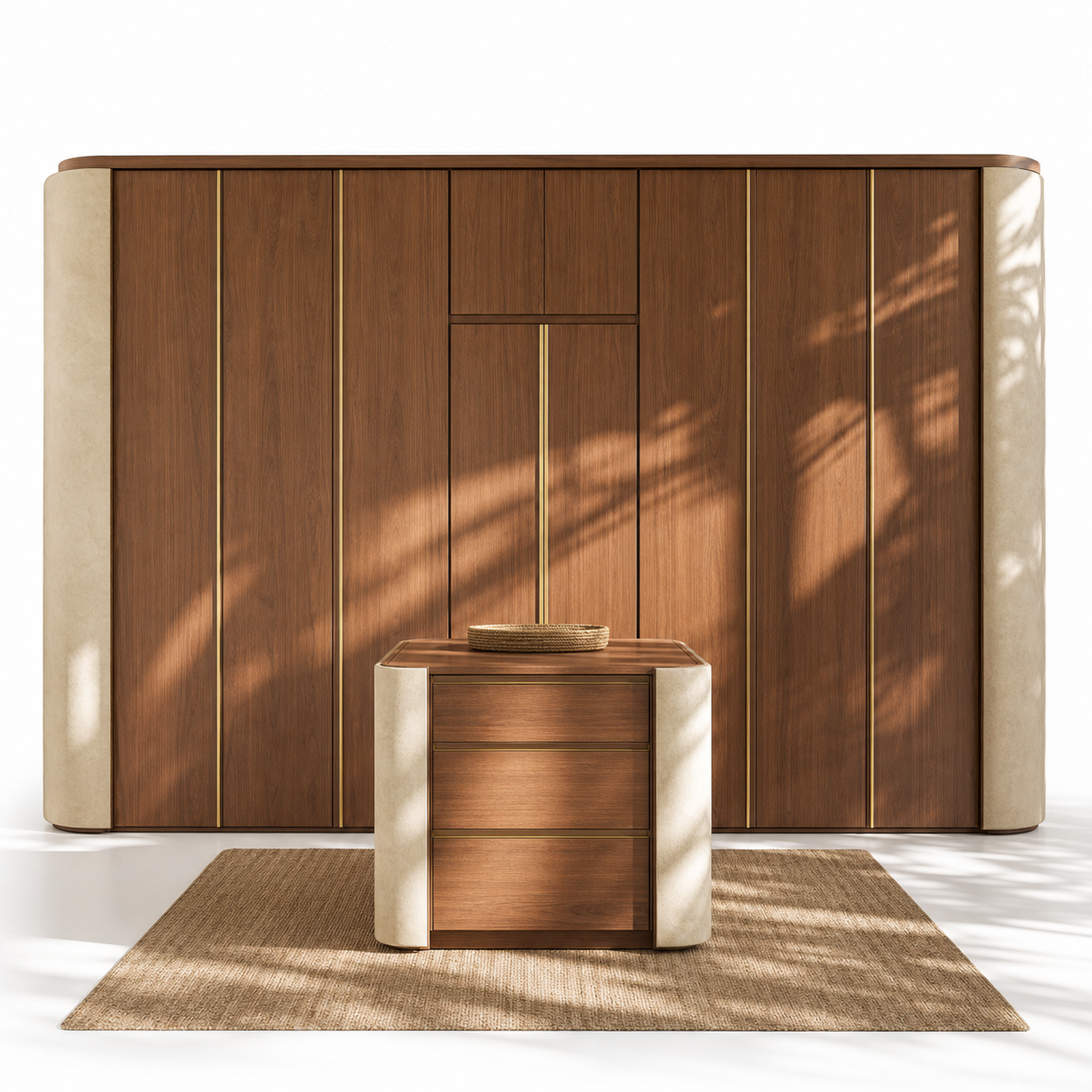 Fadior Voyage Wardrobe Suite with Ipe Valet Island Alcove — 304 stainless steel wardrobe system, front view