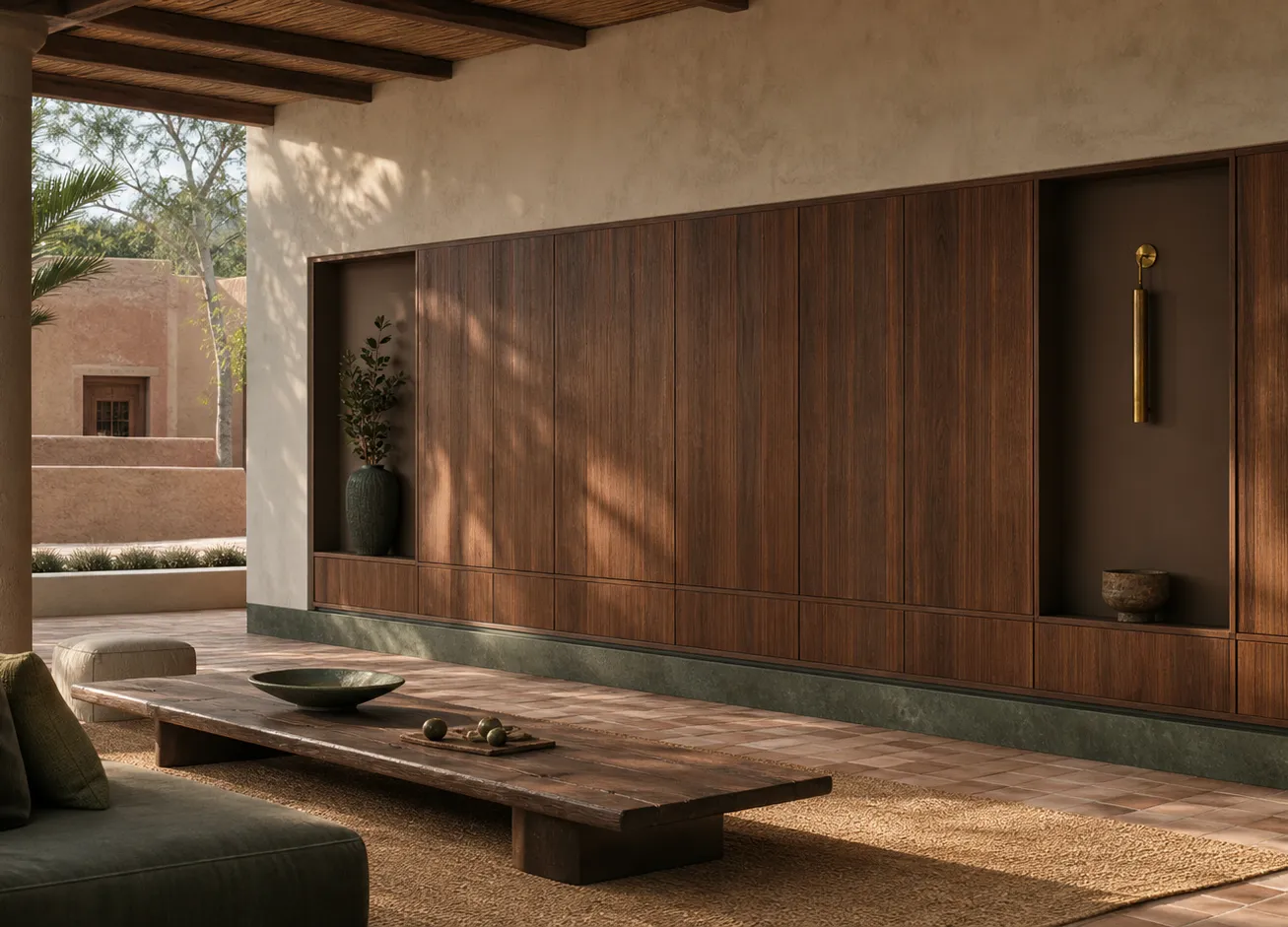 Fadior Patina Flexible Panel Media Wall — 304 stainless steel living room system, front view