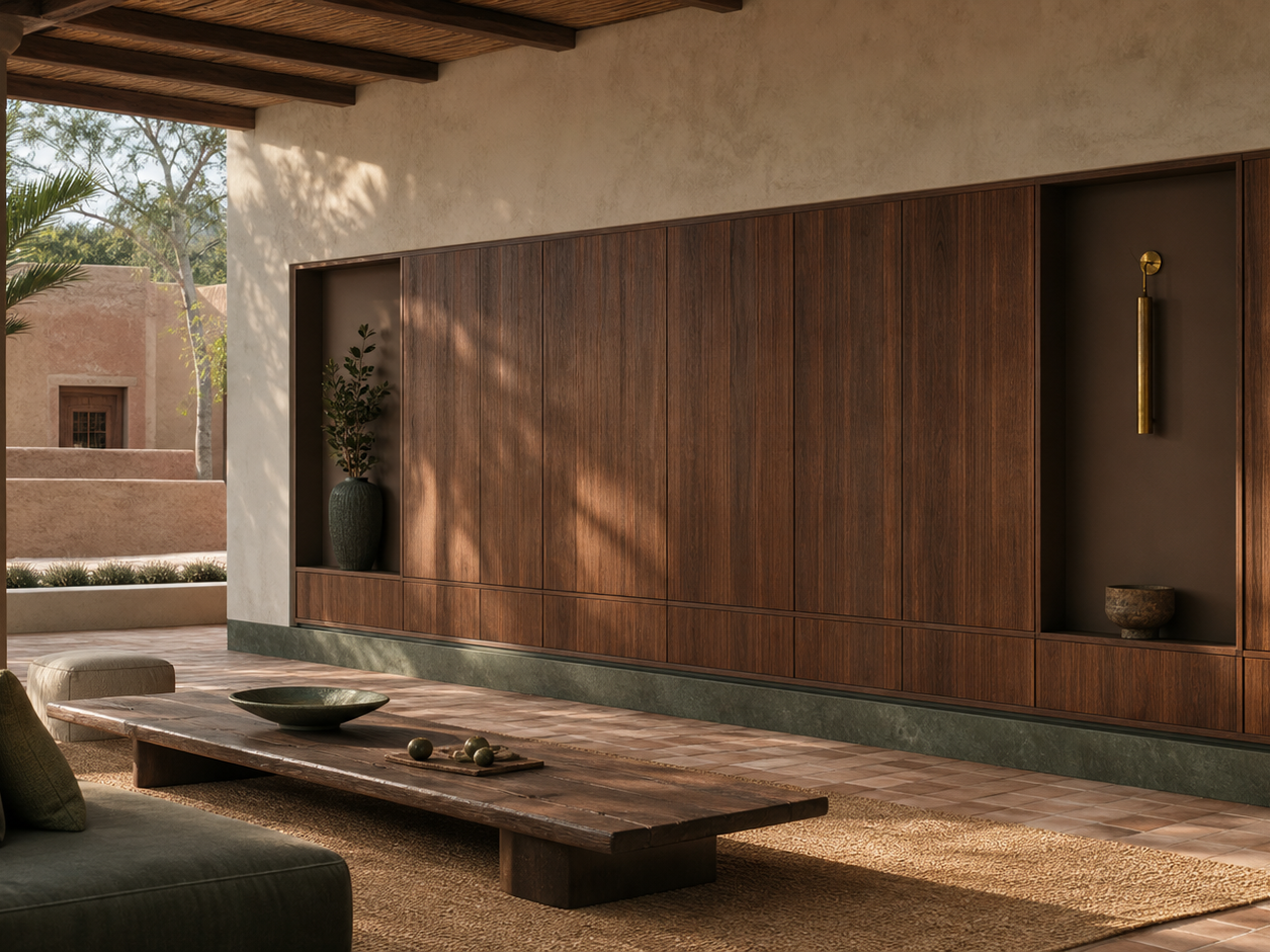 Fadior Patina Flexible Panel Media Wall — 304 stainless steel living room system, front view