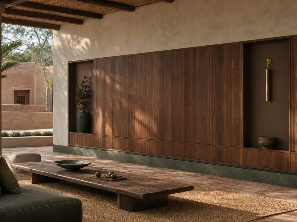 Fadior Patina Flexible Panel Media Wall — 304 stainless steel living room system, front view