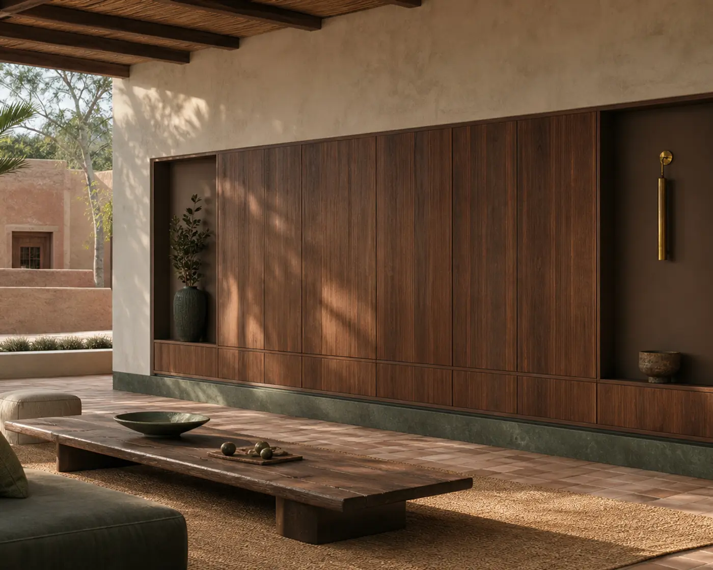 Fadior stainless steel living room media wall with display shelving and concealed storage