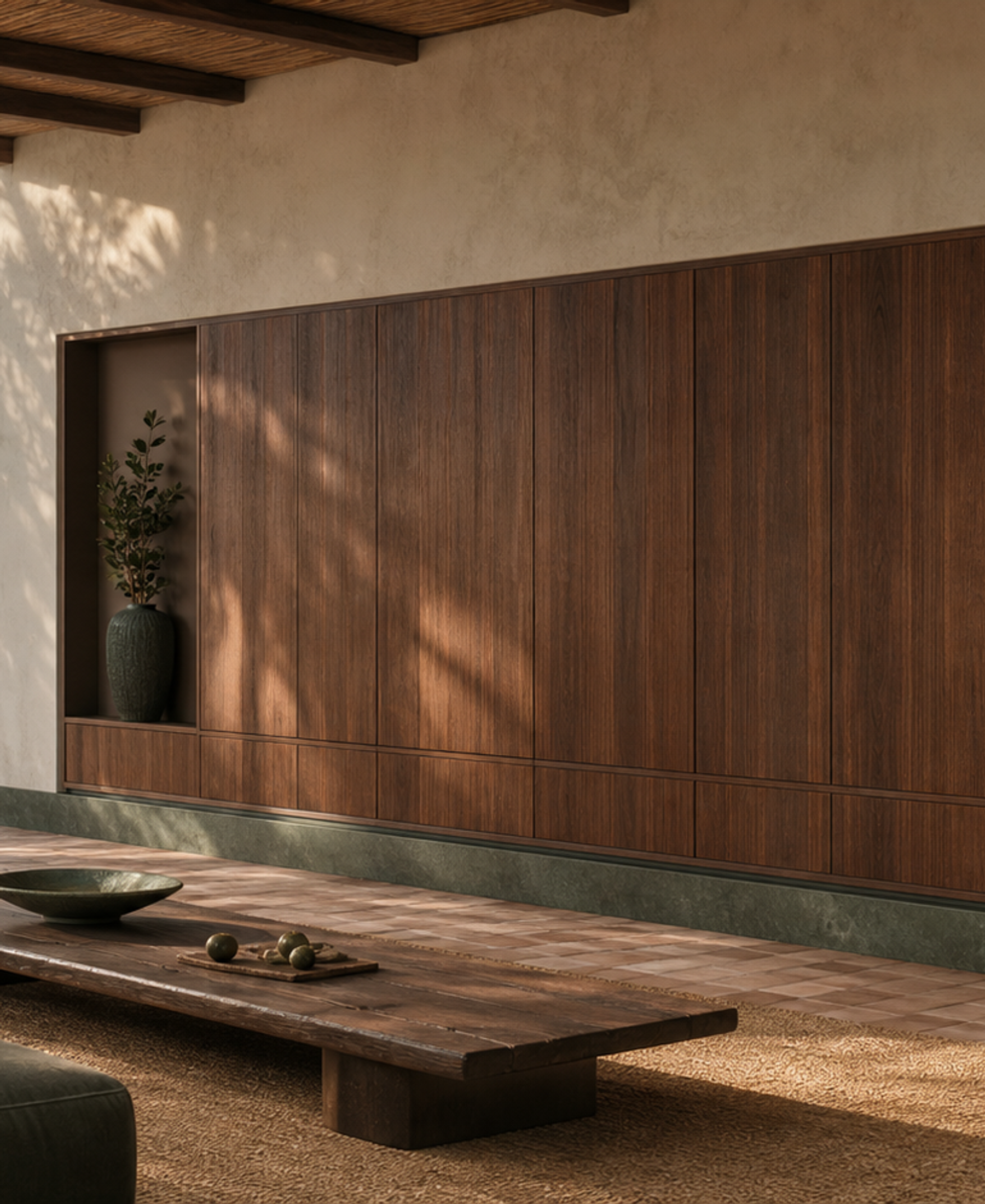Fadior Patina Flexible Panel Media Wall — 304 stainless steel living room system, front view