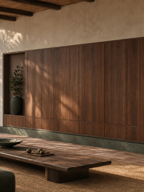 Fadior Patina Flexible Panel Media Wall — 304 stainless steel living room system, front view