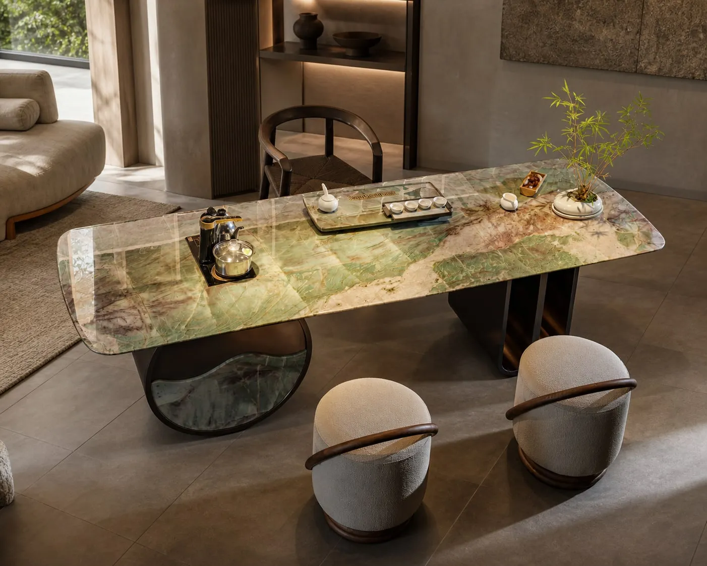 Drum-and-Fin Marble Tea Table 2000×900×740 mm