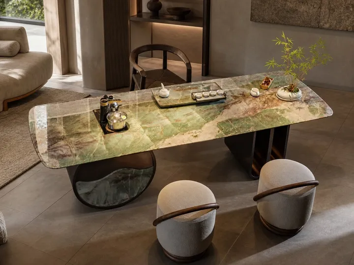 Mesa de té de mármol con base de tambor y aleta 2000×900×740 mm