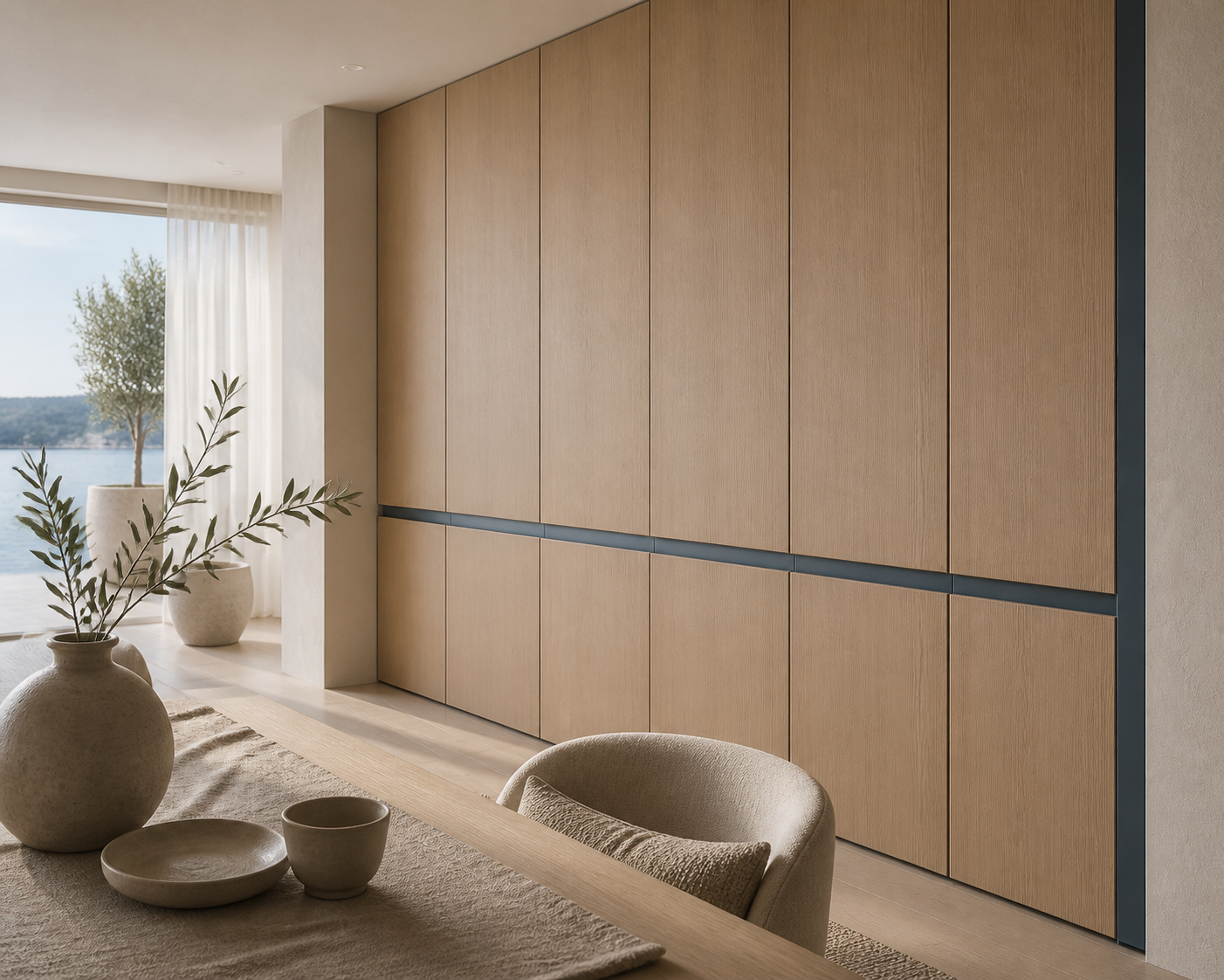 Fadior Terrazzo Wall Panel Suite with Slate Blue Reveal Panels — lifestyle setting with natural light and residential styling