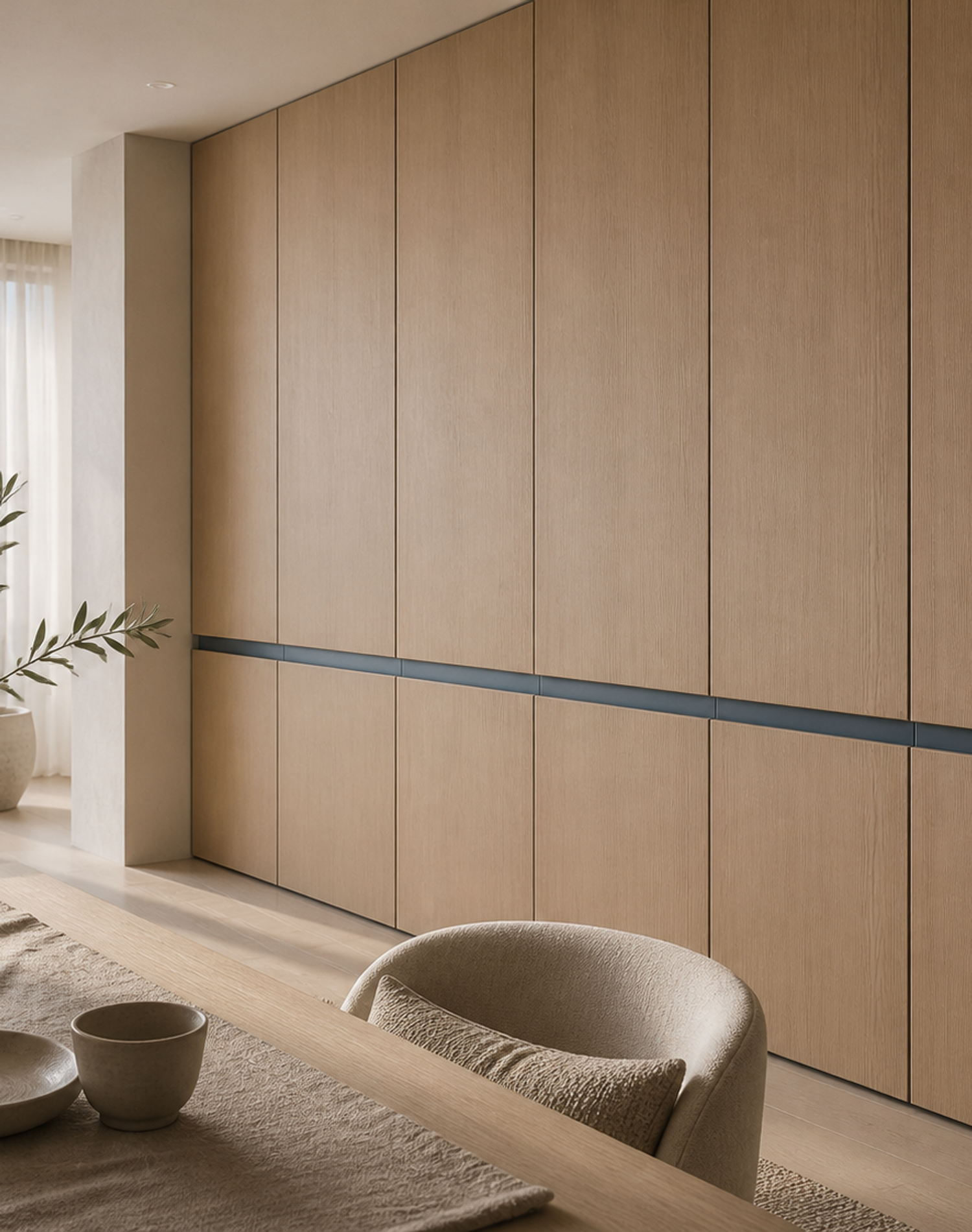 Fadior Terrazzo Wall Panel Suite with Slate Blue Reveal Panels — lifestyle setting with natural light and residential styling