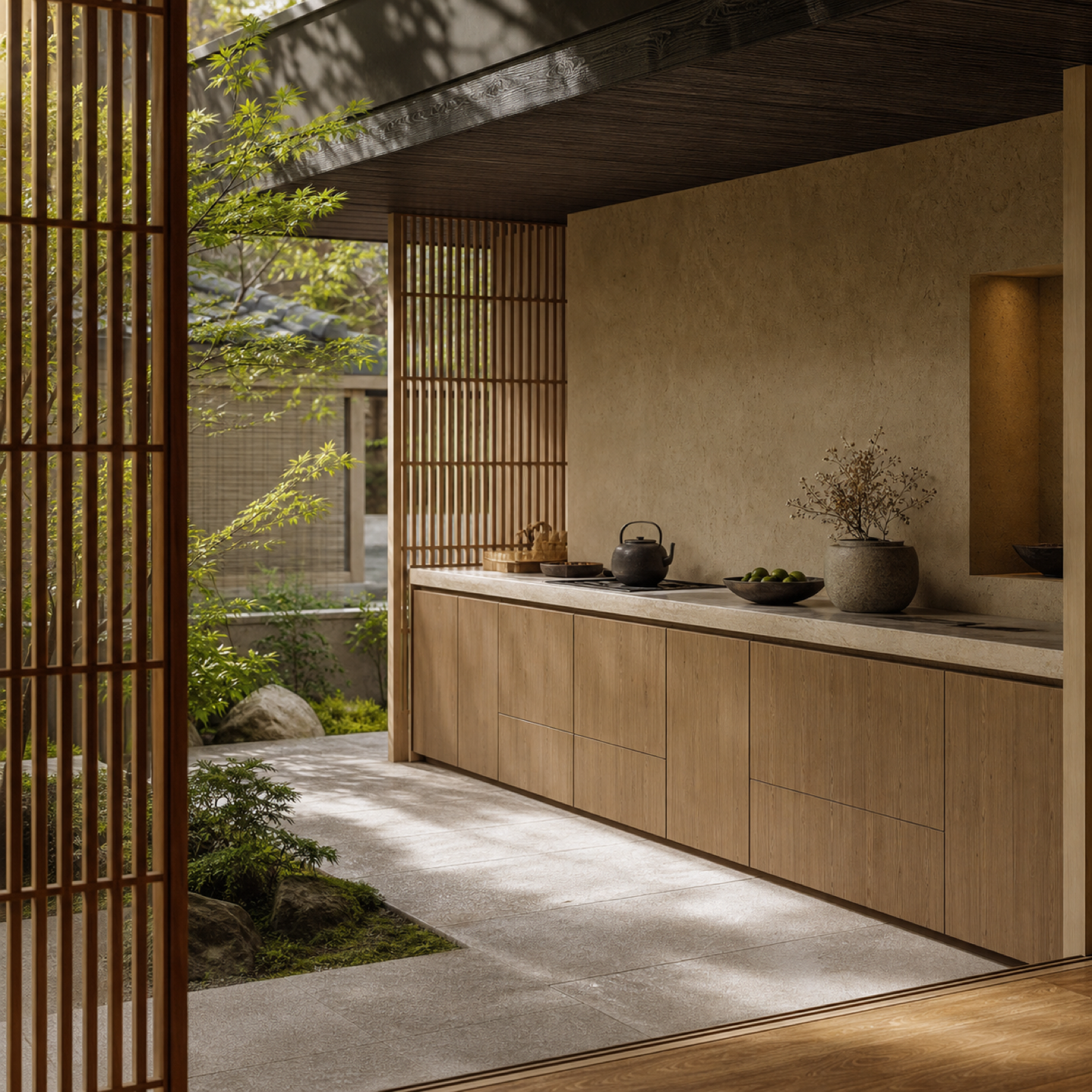 Fadior Horizon Outdoor Kitchen Suite with Sheltered Hearth Counter — interior room context showing cabinet integration
