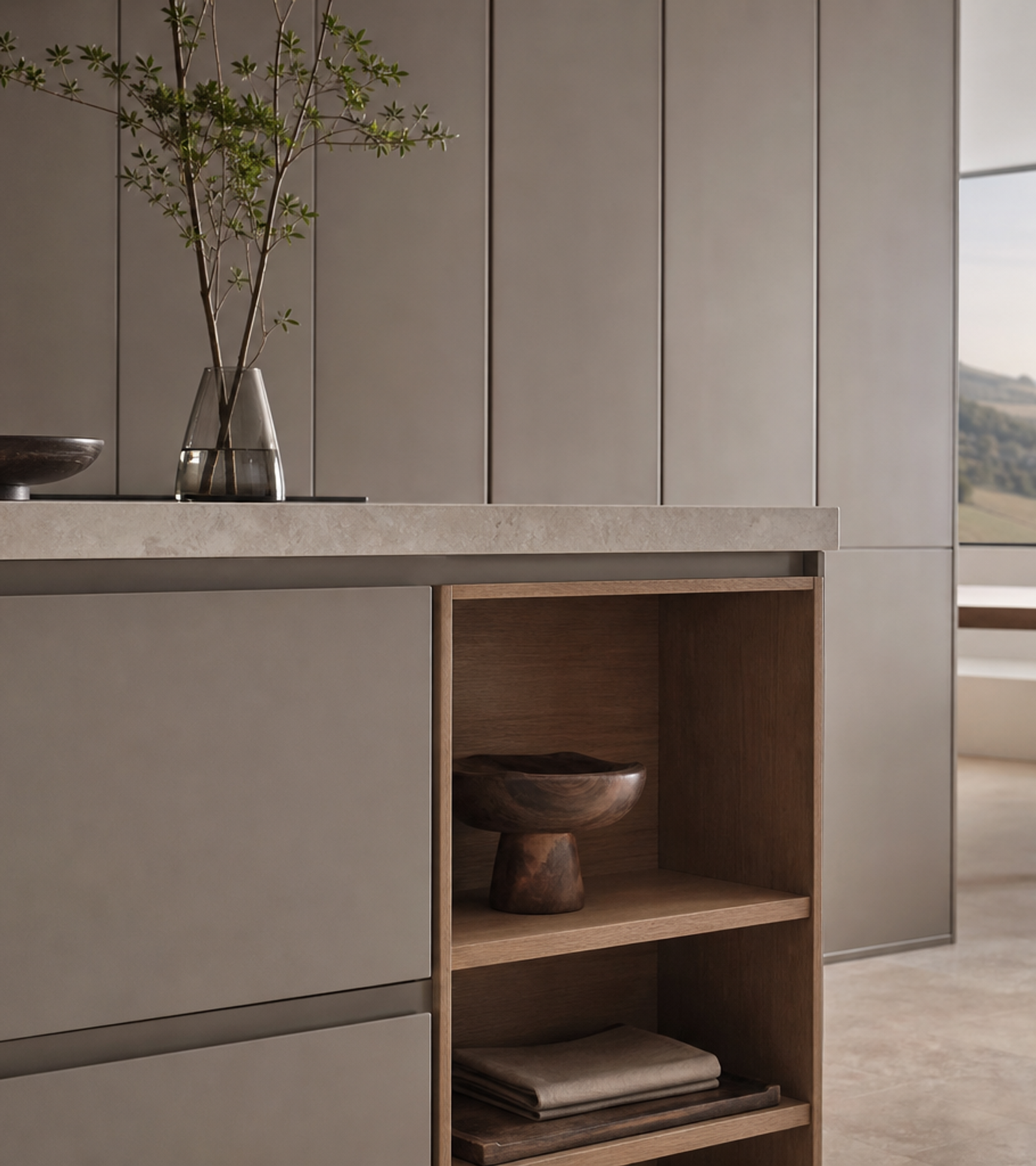 Fadior Forge Kitchen Suite with Milan Forecast Kitchen Wall — close-up of stainless steel finish and hardware detail