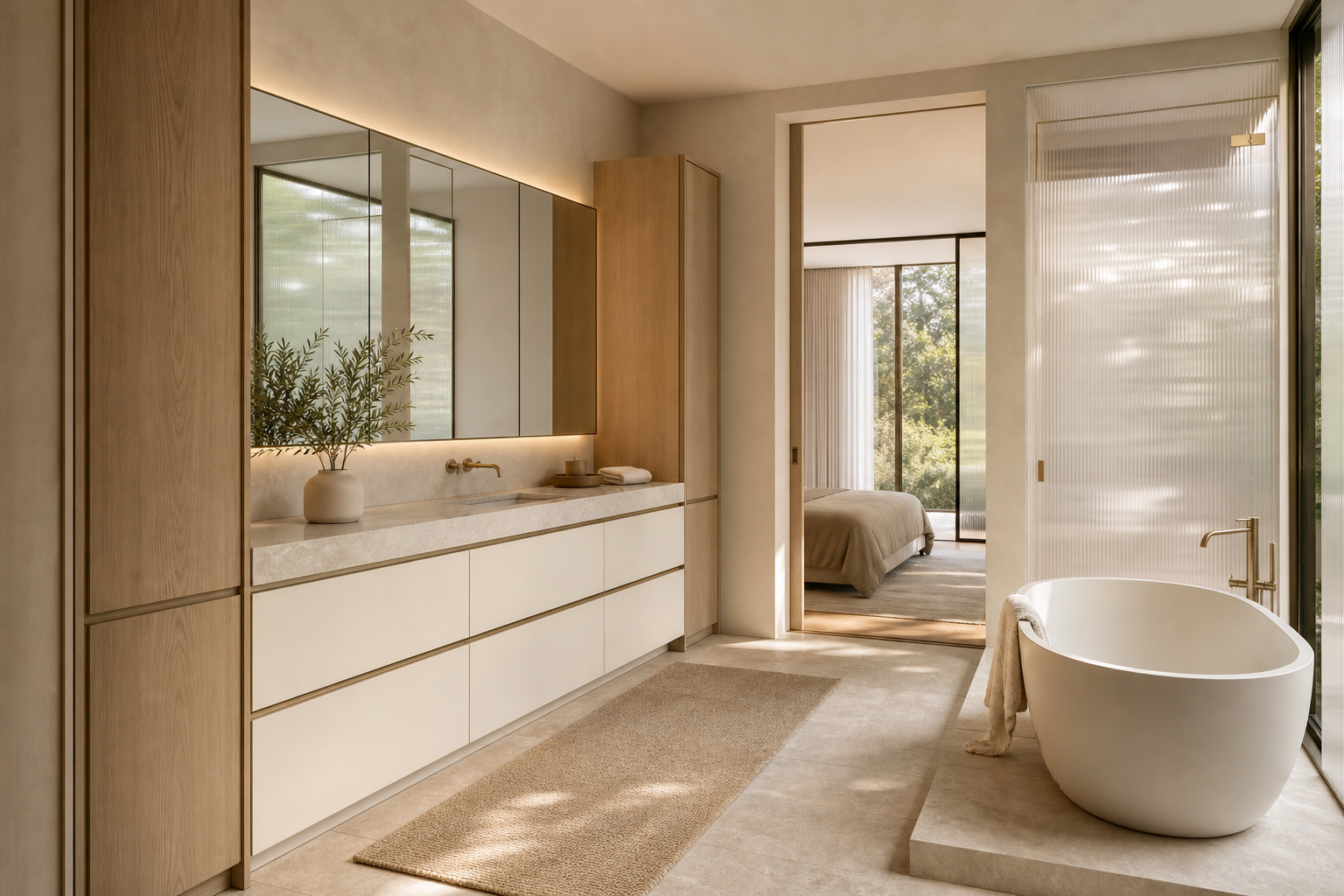 Fadior Solstice Bath and Vanity Suite with Precision Spa Vanity — interior room context showing cabinet integration