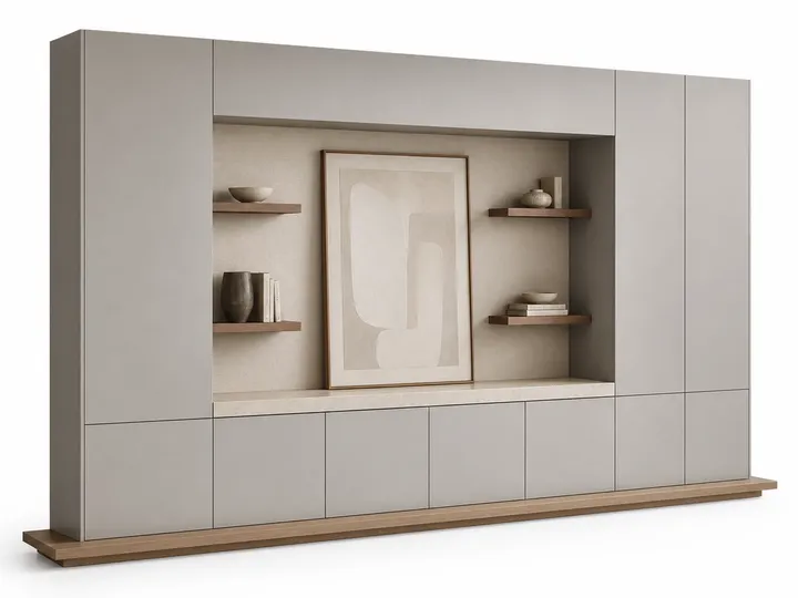 Fadior Silvan Living Room Suite with Layered Art Console Bay — 304 stainless steel living room system, front view