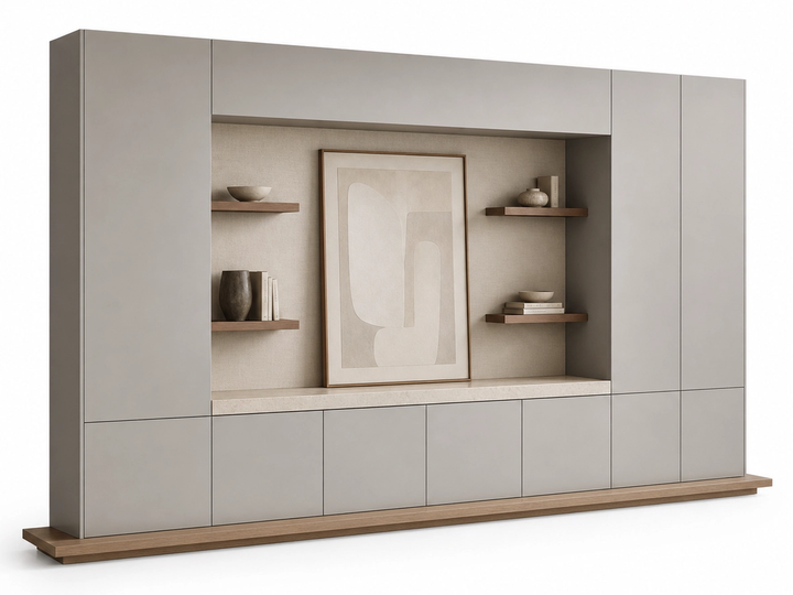 Fadior Silvan Living Room Suite with Layered Art Console Bay — 304 stainless steel living room system, front view