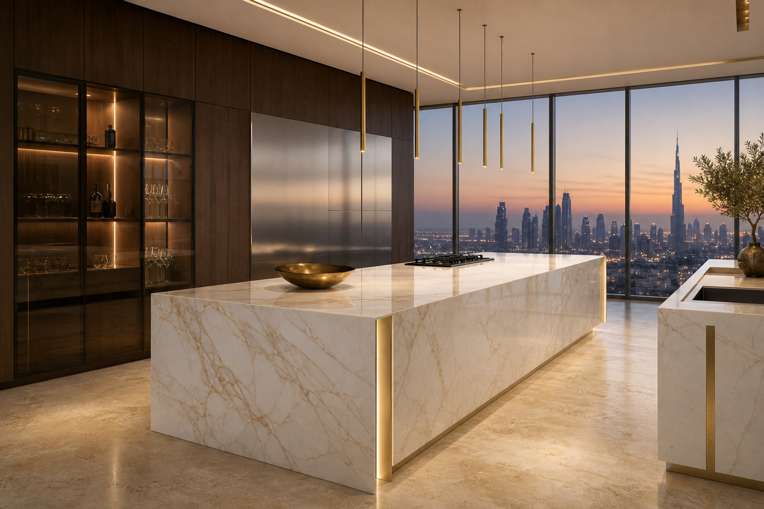 Material study: champagne accents, smoked walnut storage, travertine floor, and a quiet finish plane.
