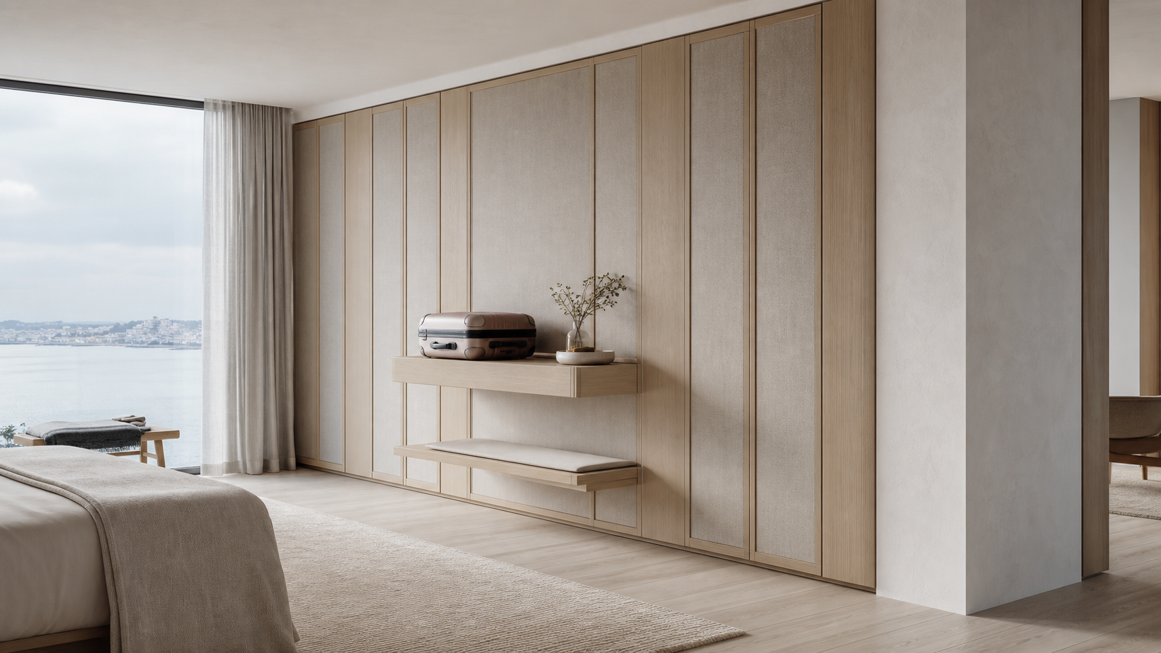 Fadior Canopy Wardrobe Suite with Floating Luggage Valet Wall — lifestyle setting with natural light and residential styling
