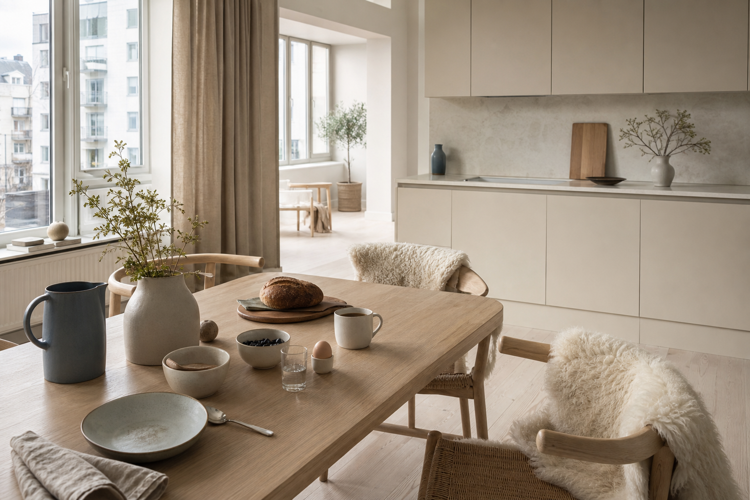 Kitchen breakfast context with lambswool seating, pale cabinet fronts, and soft light for family approval.