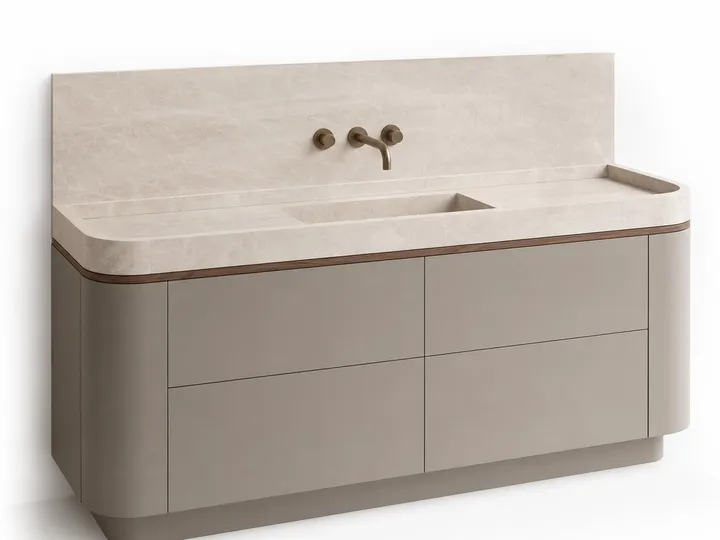Fadior Alcove Bath and Vanity Suite with Porcelain Halo Wash Ledge — 304 stainless steel bath and vanity system, front view