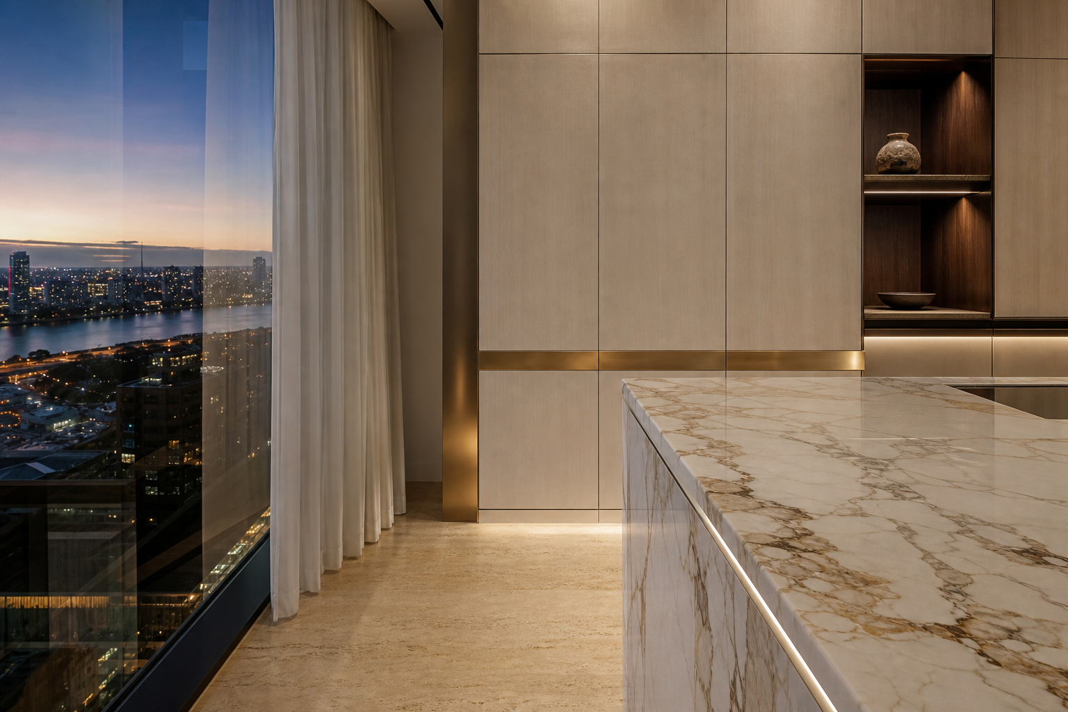 Fadior Perth 280 sqm Kitchen Penthouse — Perth cabinet plane, marble counter, travertine floor, curtain, city window