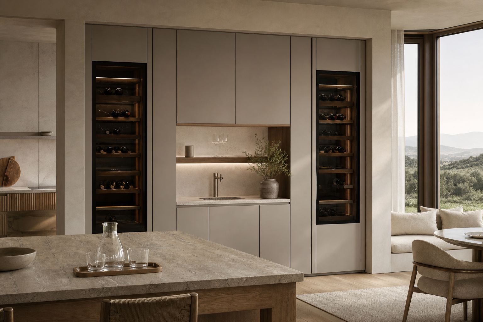 Fadior Cru Wine Cabinet Suite with Tapline Tasting Wall — lifestyle setting with natural light and residential styling