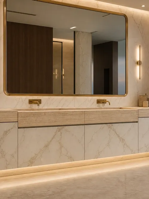 Suite de Baño y Tocador Solstice con Delantal de Lavabo en Pergamino