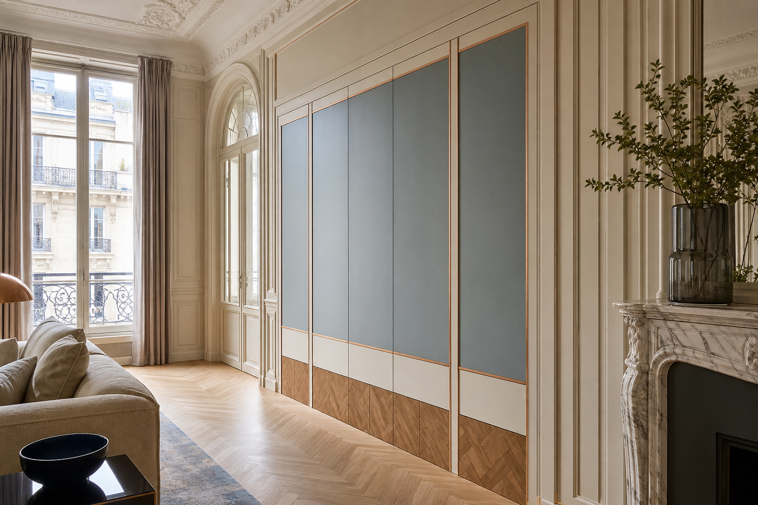 Fadior Miroir Wall Panel Suite with Soft Slate Salon Wall — interior room context showing cabinet integration