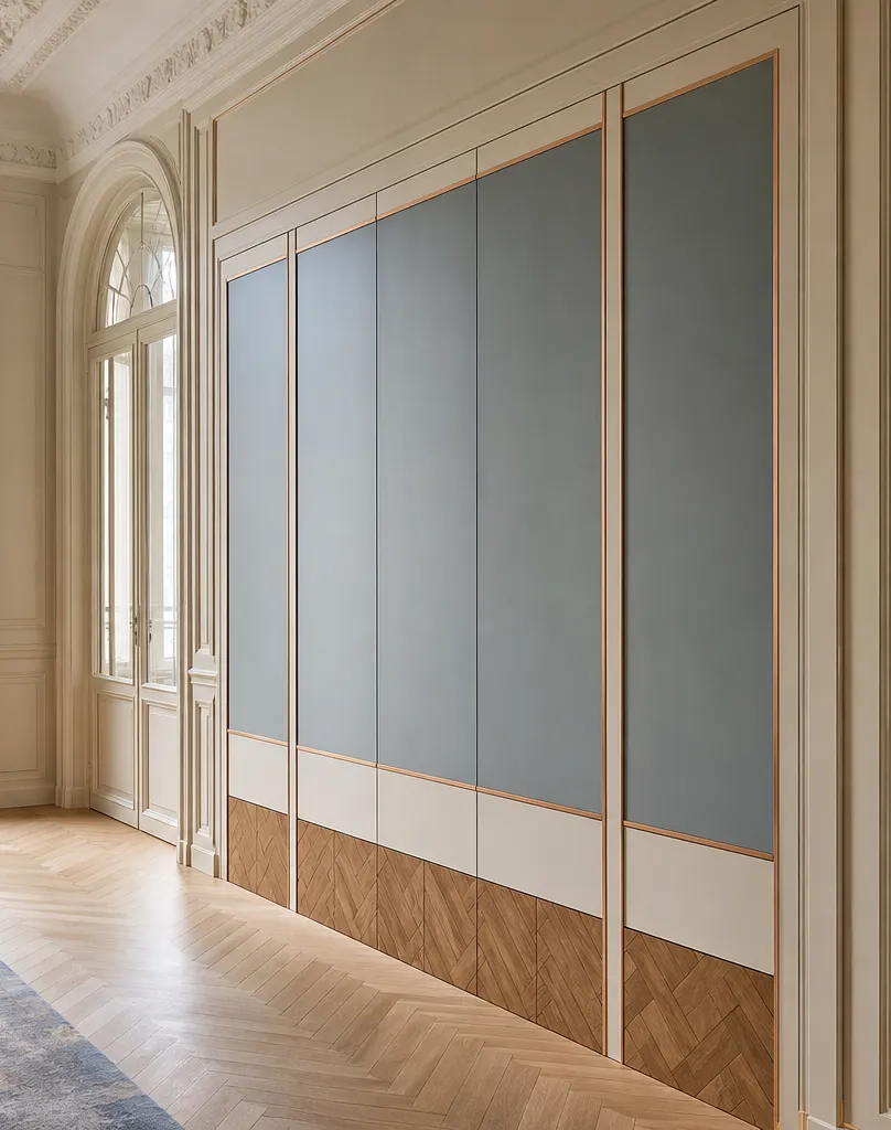 Fadior Miroir Wall Panel Suite with Soft Slate Salon Wall — interior room context showing cabinet integration