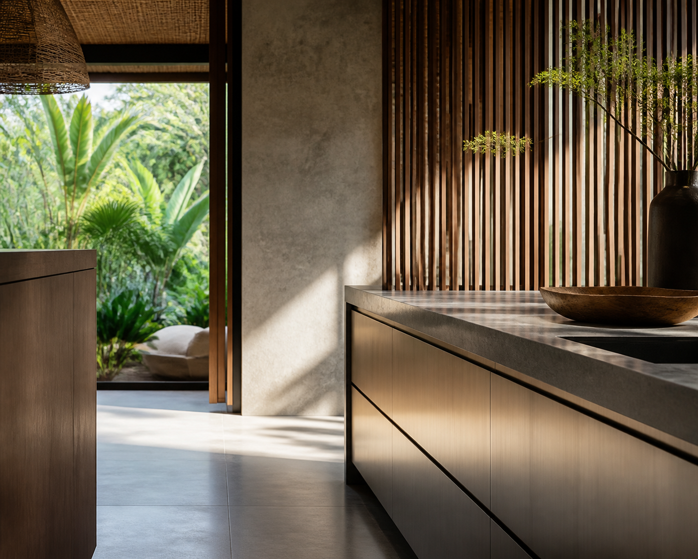 Fadior Ubud 220 sqm Kitchen Villa — cabinet plane, long counter, timber screen, mineral wall, woven shade, tropical plants.