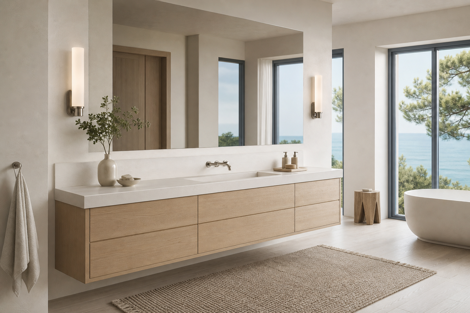 Fadior Nacre Bath and Vanity Suite with Pearl Sill Basin Console — interior room context showing cabinet integration