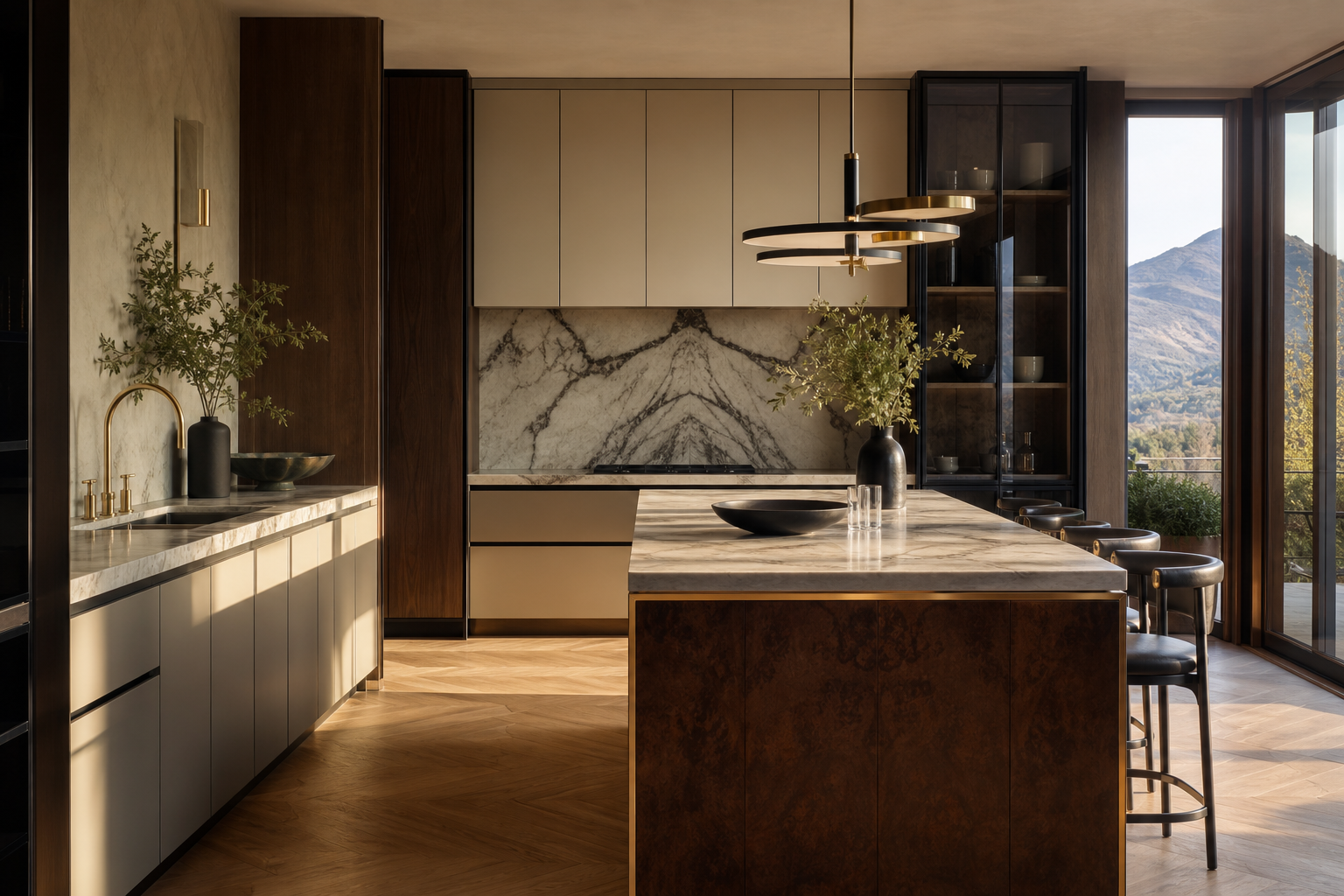 Fadior Denver 600 sqm Kitchen Villa — Denver kitchen workspace marble counter, cabinet wall, oak floor, mountain window