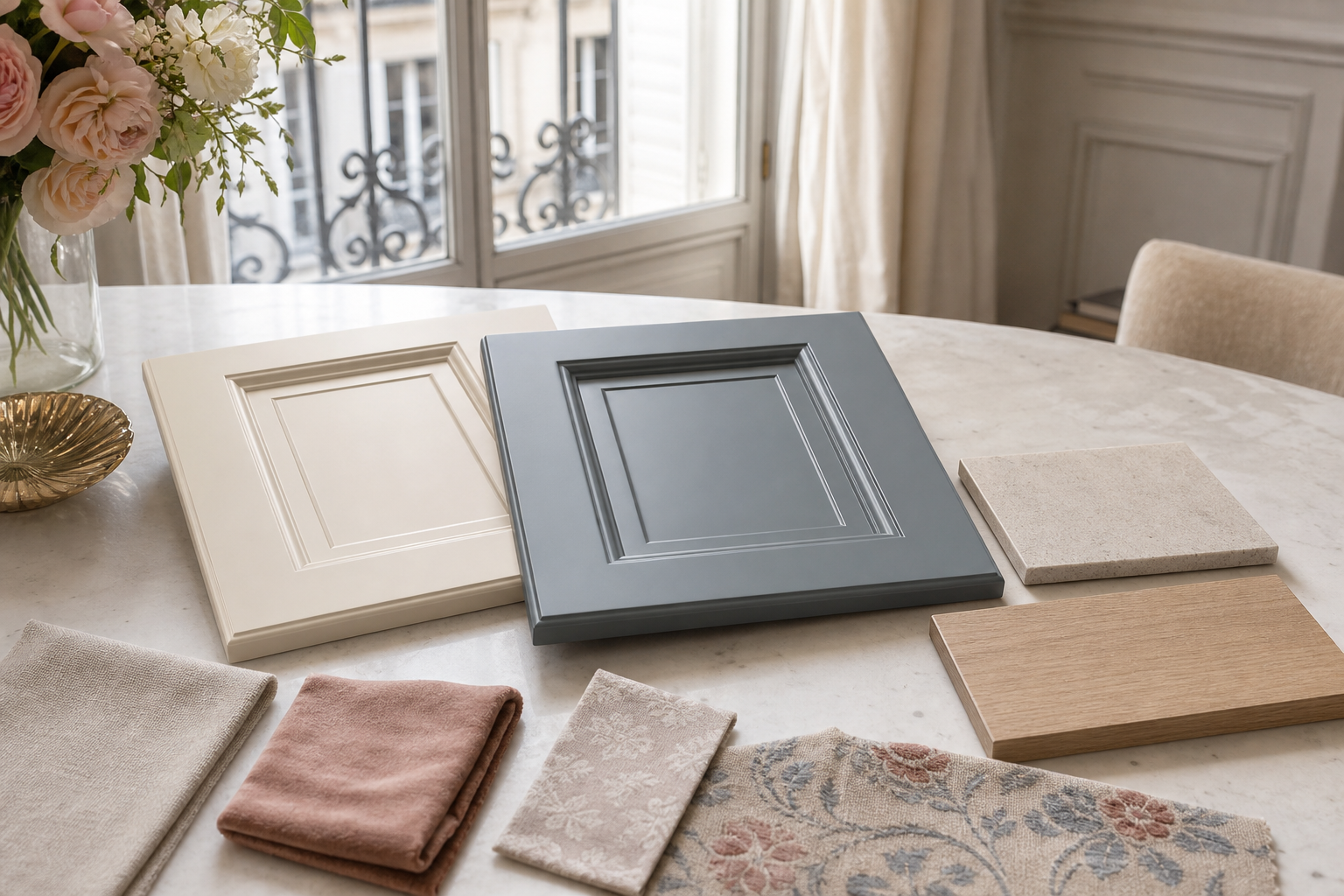 Material mood study with cream and blue-grey cabinet samples for a two-tone kitchen.