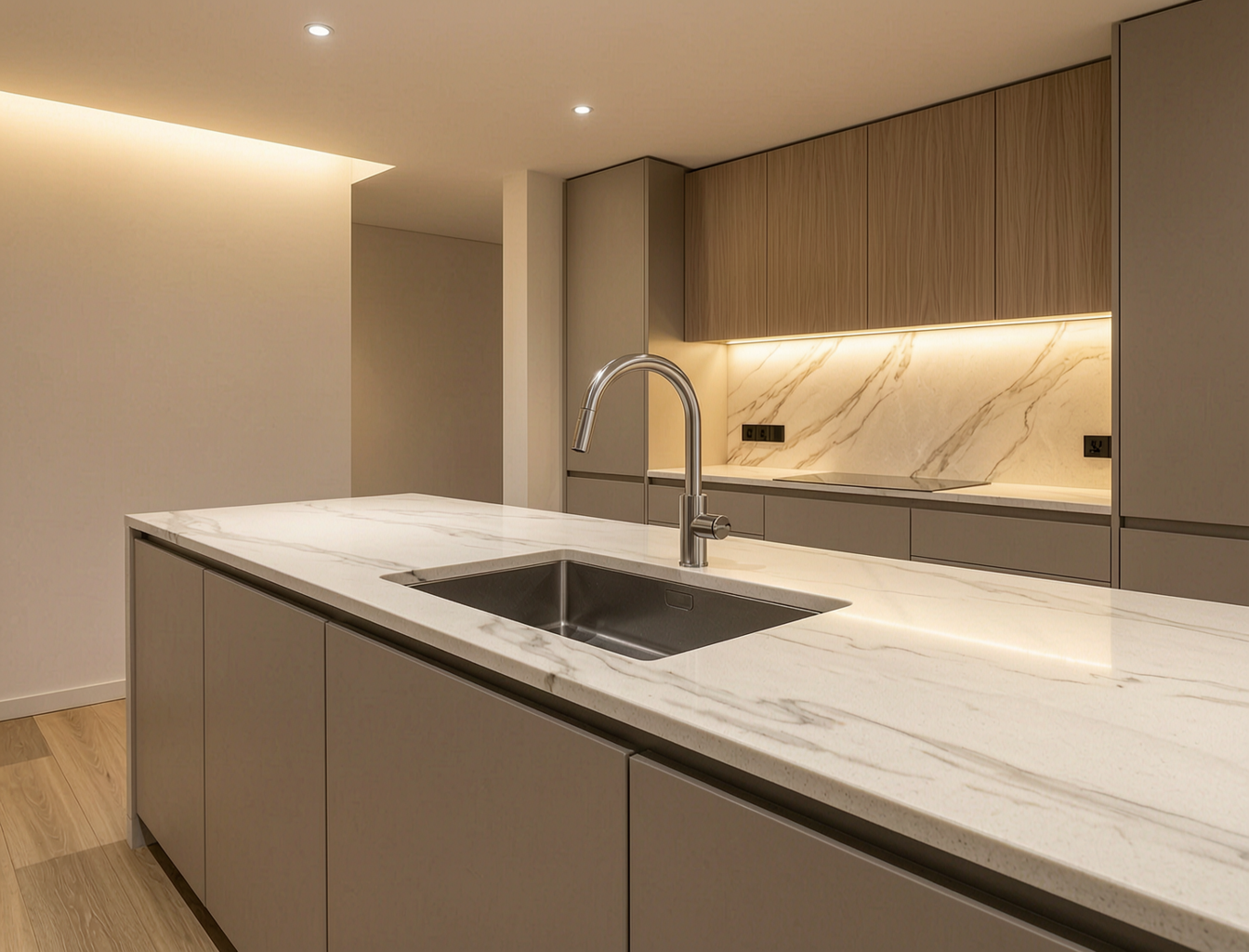 Sintered Stone Countertop (Dekton/Neolith class) applied in luxury residential kitchen countertop with undermount sink cutout