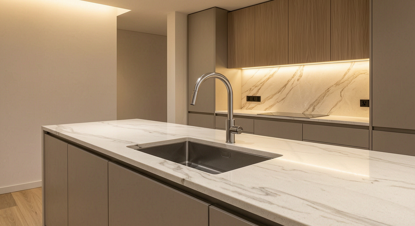 Sintered Stone Countertop (Dekton/Neolith class) applied in luxury residential kitchen countertop with undermount sink cutout