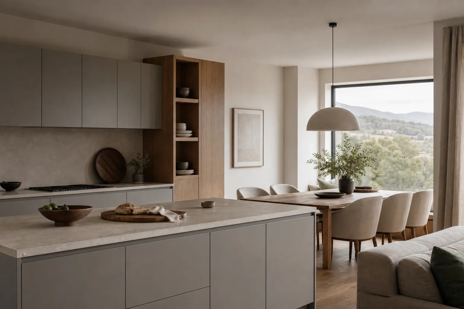 Lifestyle kitchen and dining nook prepared for family hosting in a calm modern home.