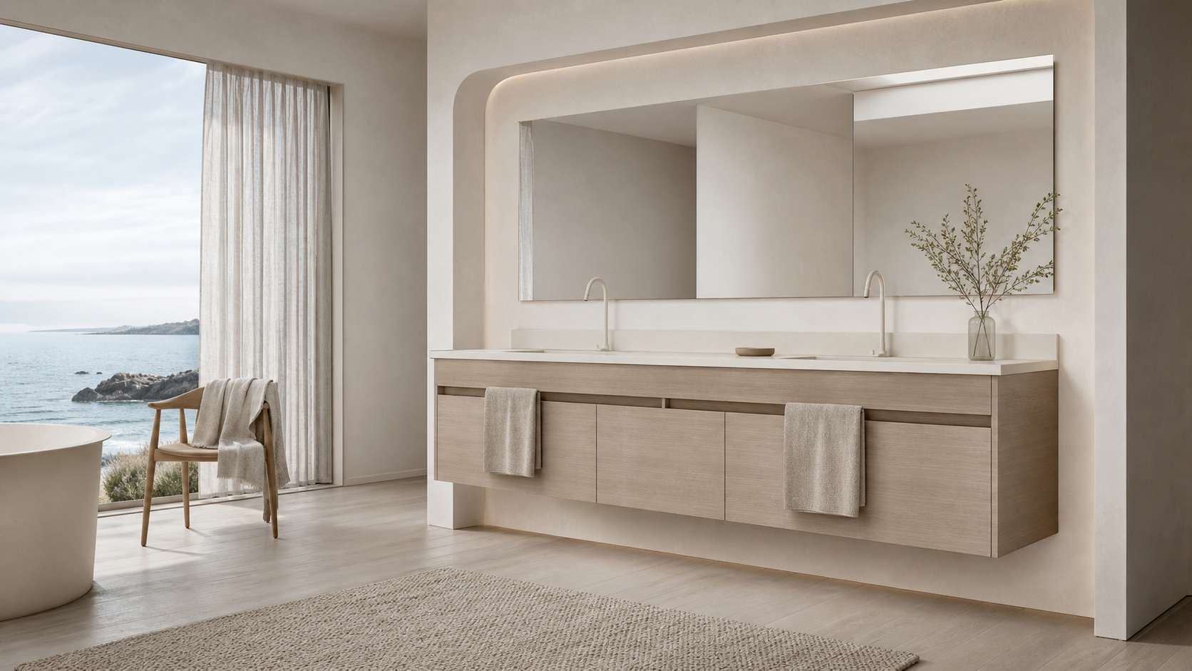 Fadior Voyage Bath Vanity Suite with Floating Towel Rail Vanity — lifestyle setting with natural light and residential