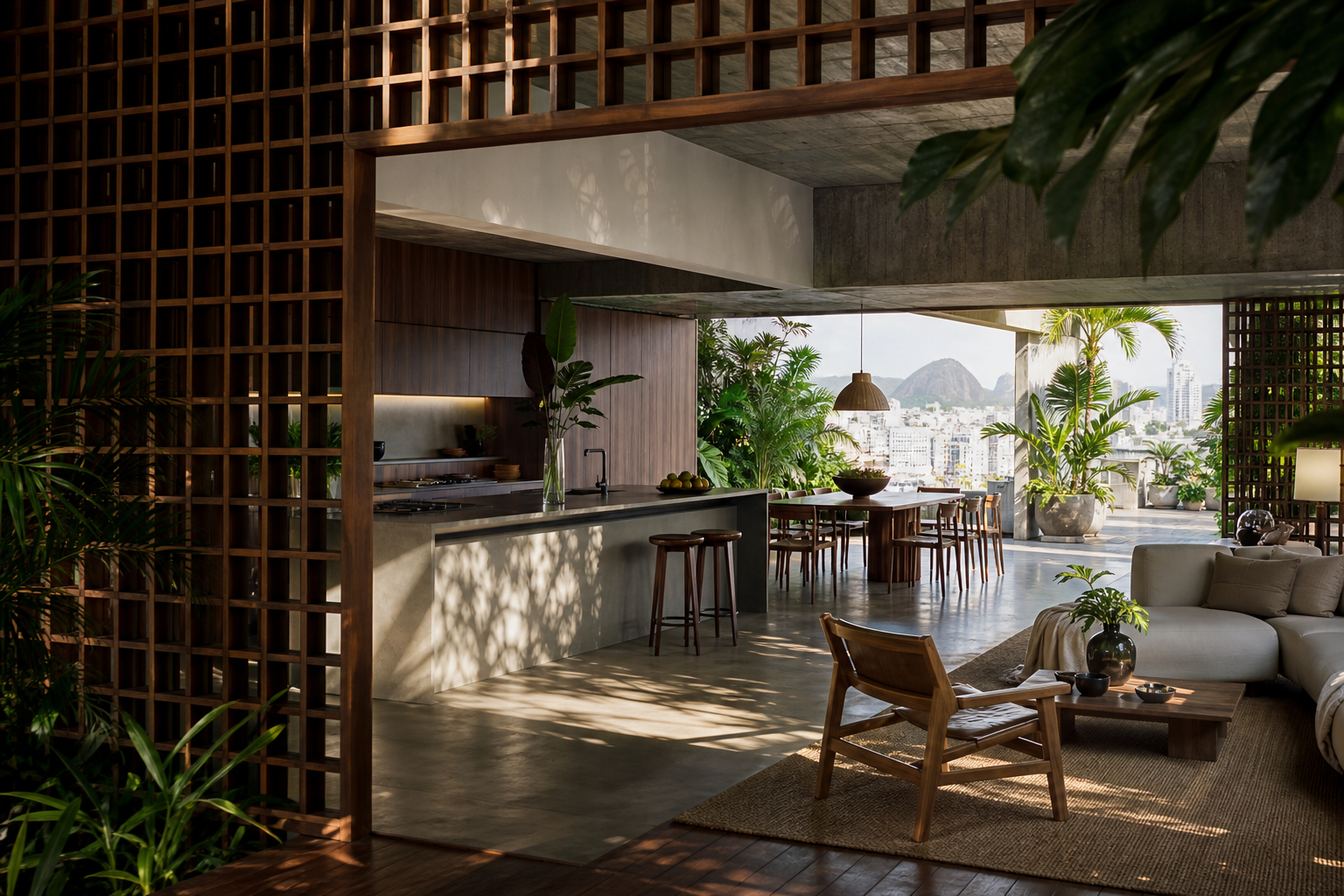 Fadior Rio de Janeiro 240 sqm Kitchen Penthouse — wood screen, kitchen island, lounge sofa, dining table, city window