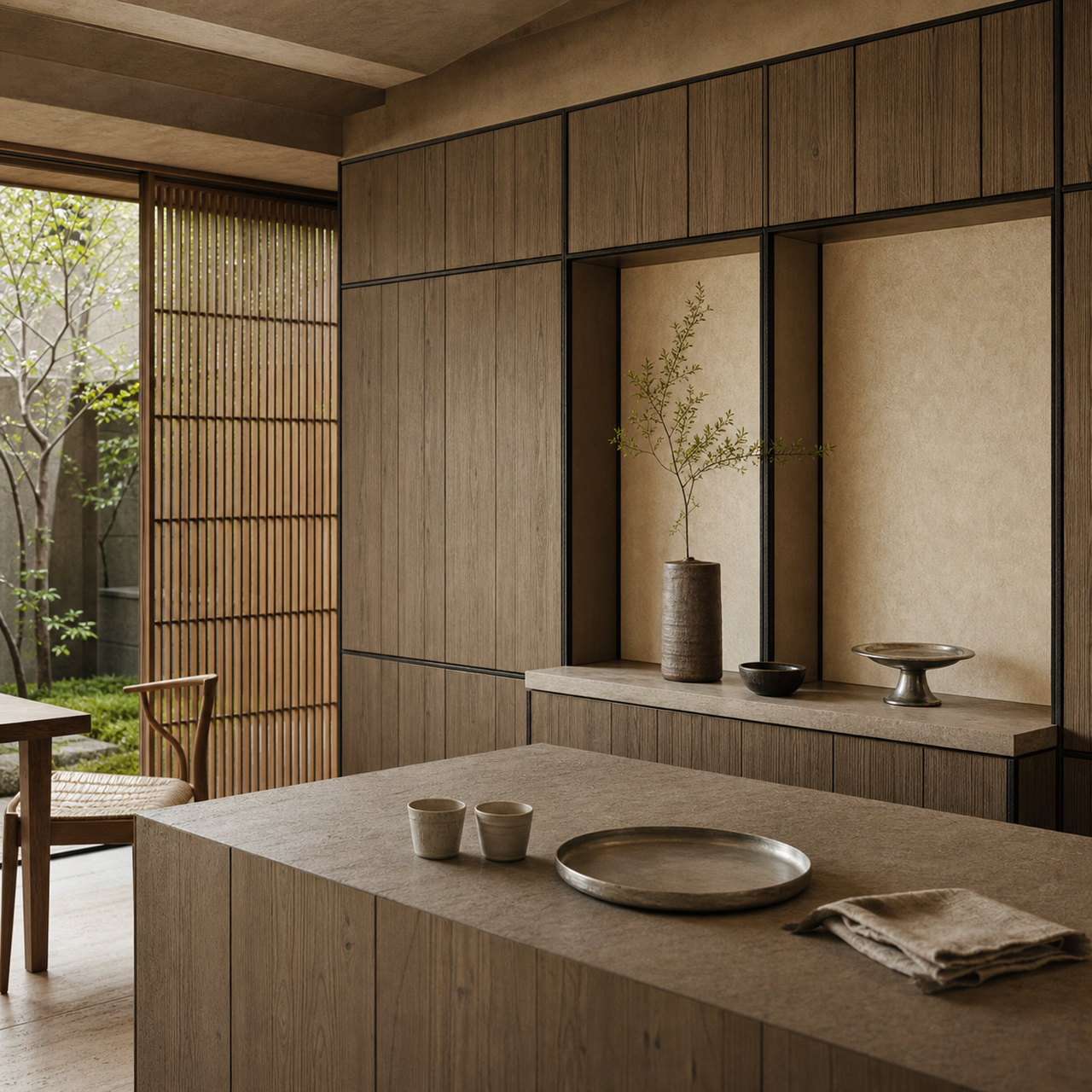 Fadior Terrazzo Wall Panel Suite with Silvered Service Inlay Wall — lifestyle setting with natural light and residential