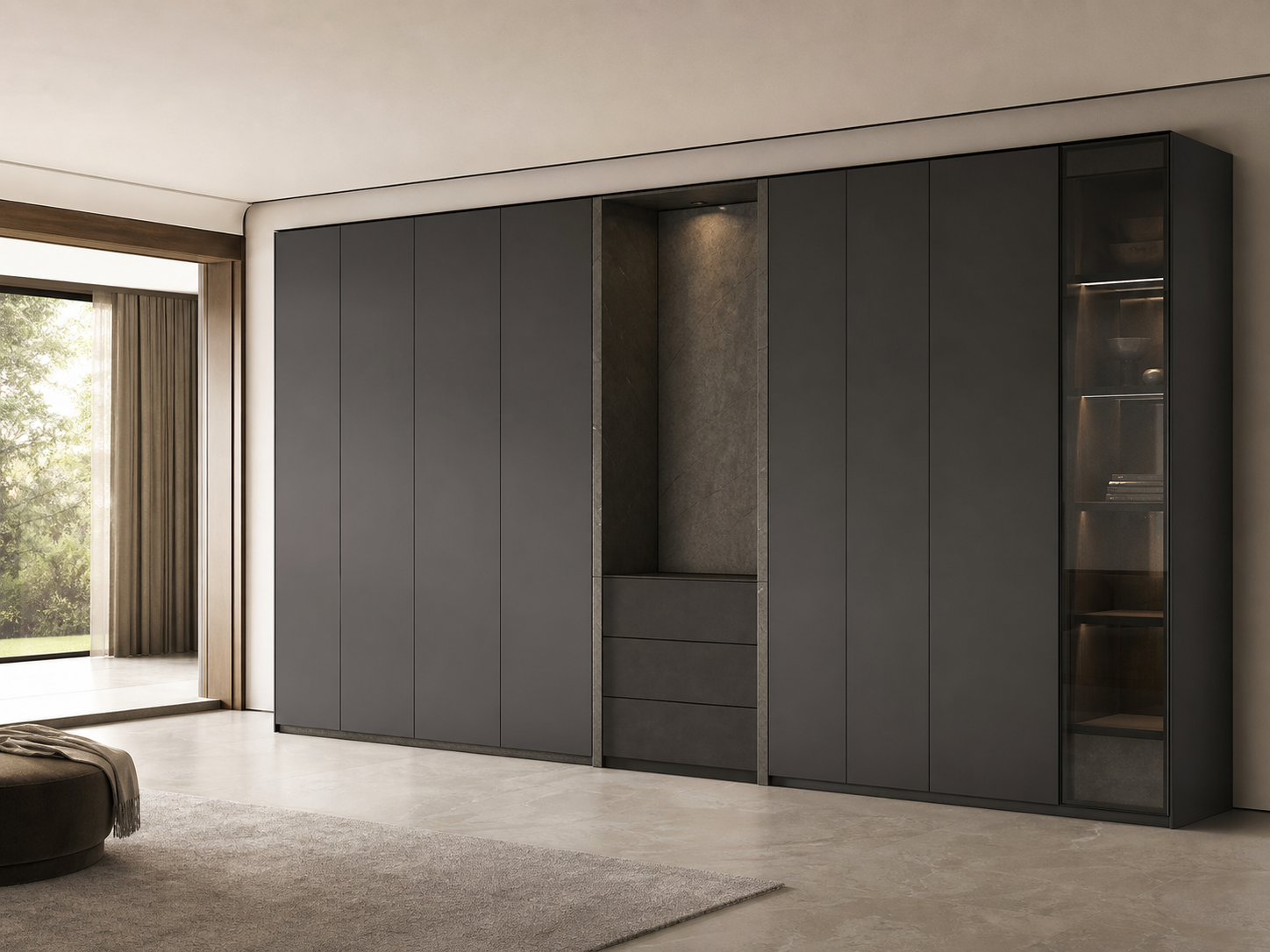Fadior Eclipse Wardrobe Suite with Slate Pivot Dressing Alcove — interior room context showing cabinet integration