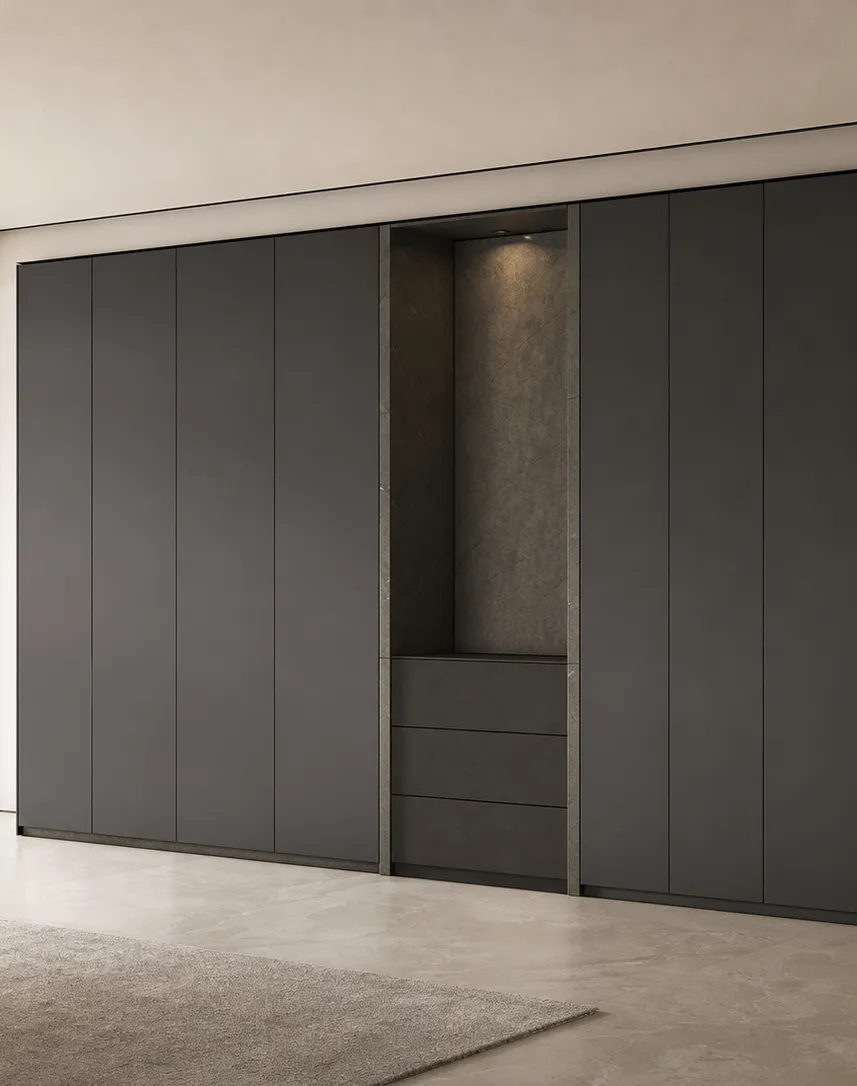 Fadior Eclipse Wardrobe Suite with Slate Pivot Dressing Alcove — interior room context showing cabinet integration