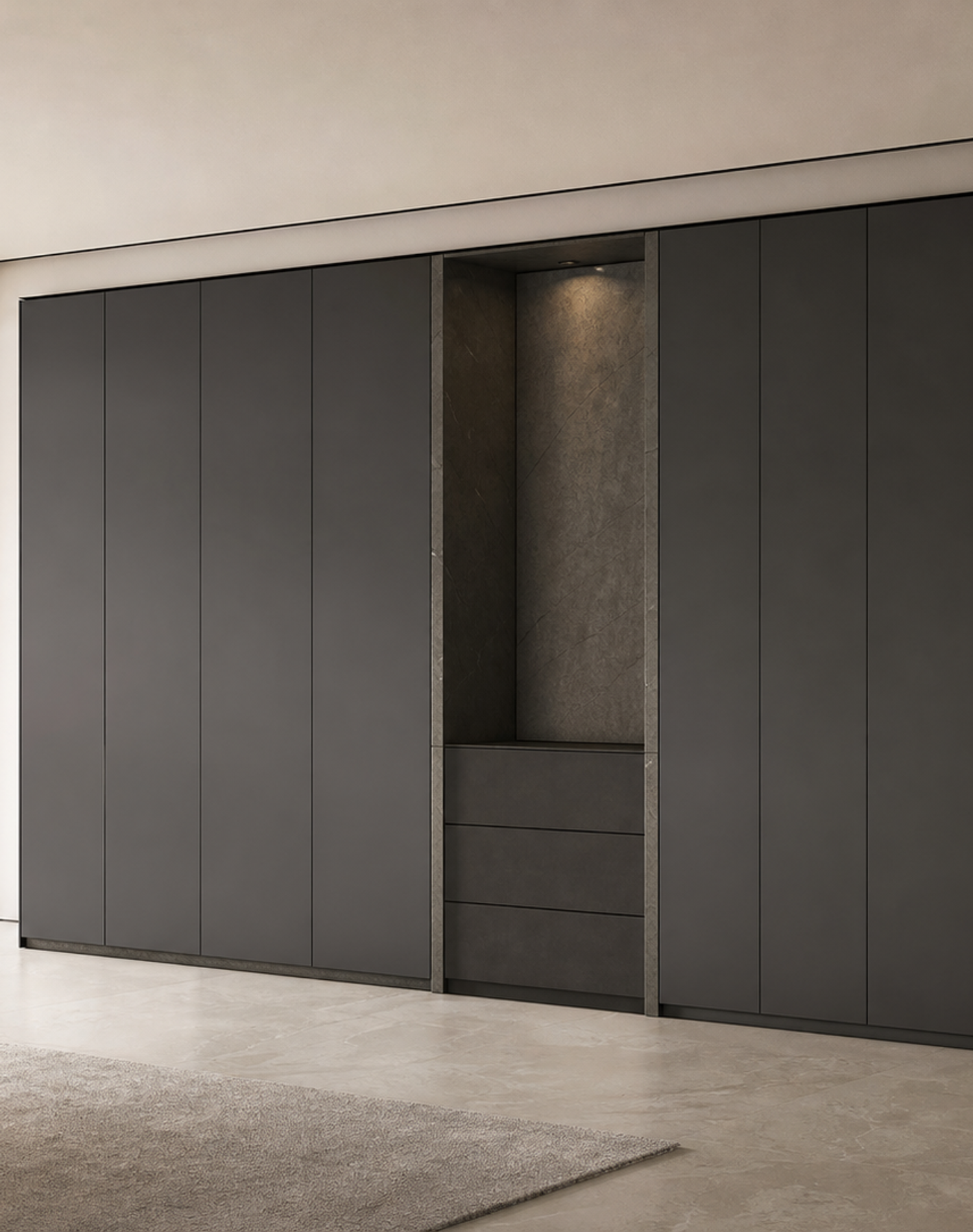 Fadior Eclipse Wardrobe Suite with Slate Pivot Dressing Alcove — interior room context showing cabinet integration