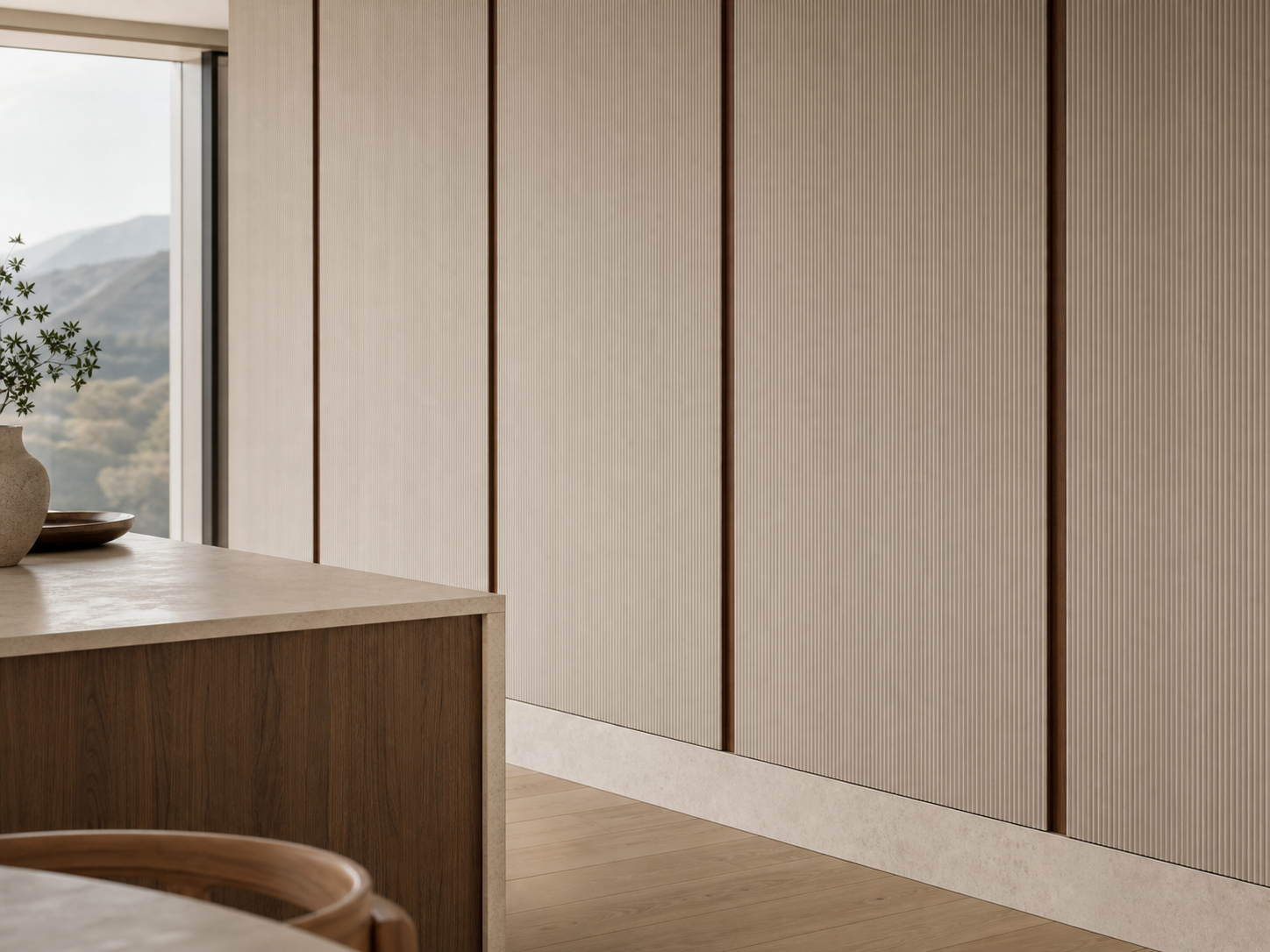 Fadior Miroir Wall Panel Suite with Fluted Linen Gallery Plane — close-up of stainless steel finish and hardware detail