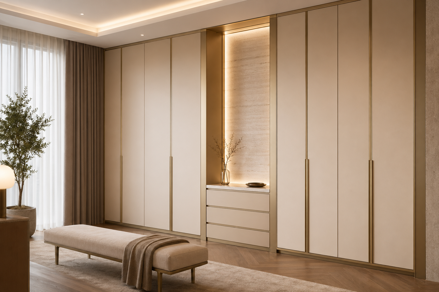 Fadior Elementum Wardrobe Suite with Low-Silica Dressing Spine — lifestyle setting with natural light and residential styling