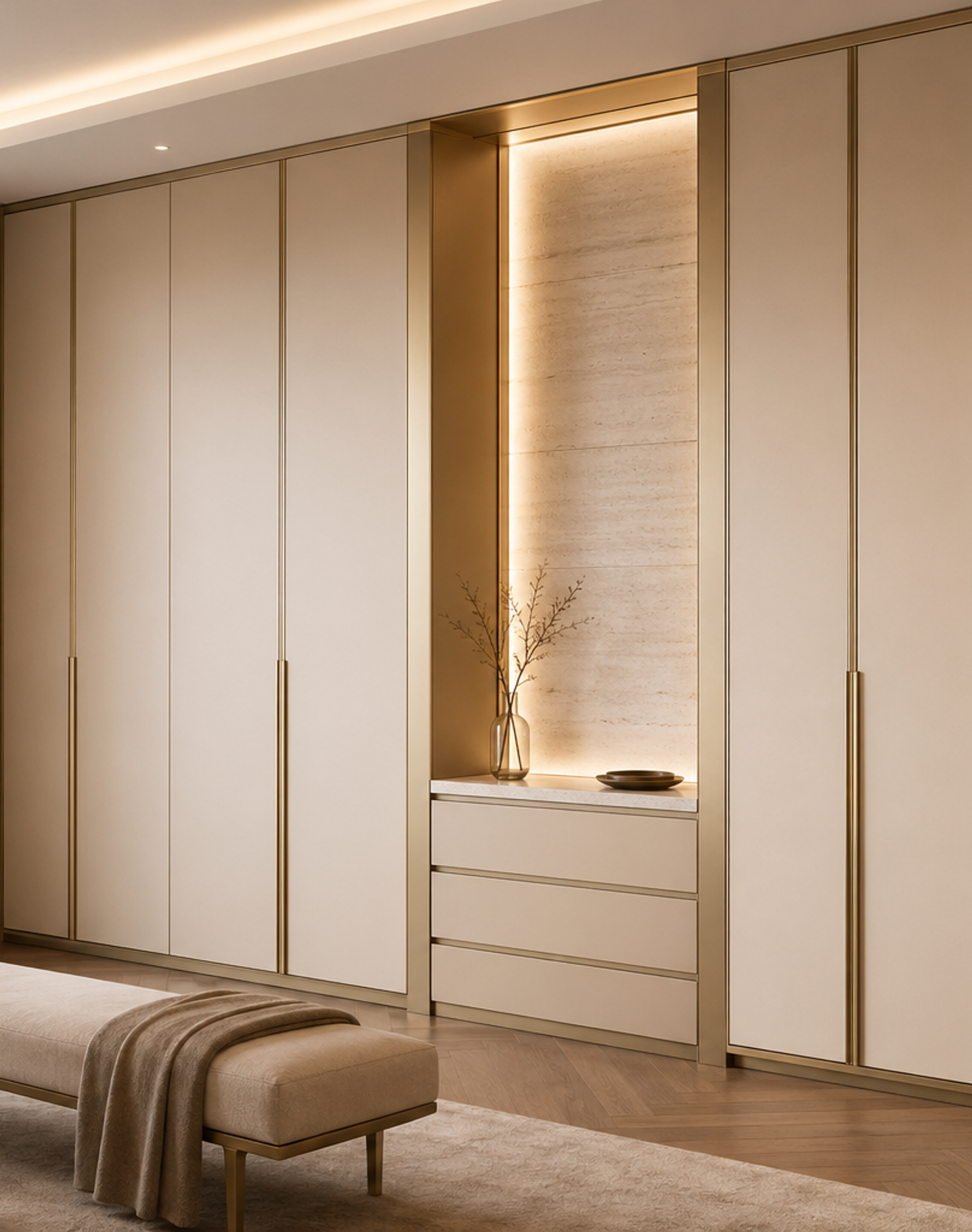 Fadior Elementum Wardrobe Suite with Low-Silica Dressing Spine — lifestyle setting with natural light and residential styling